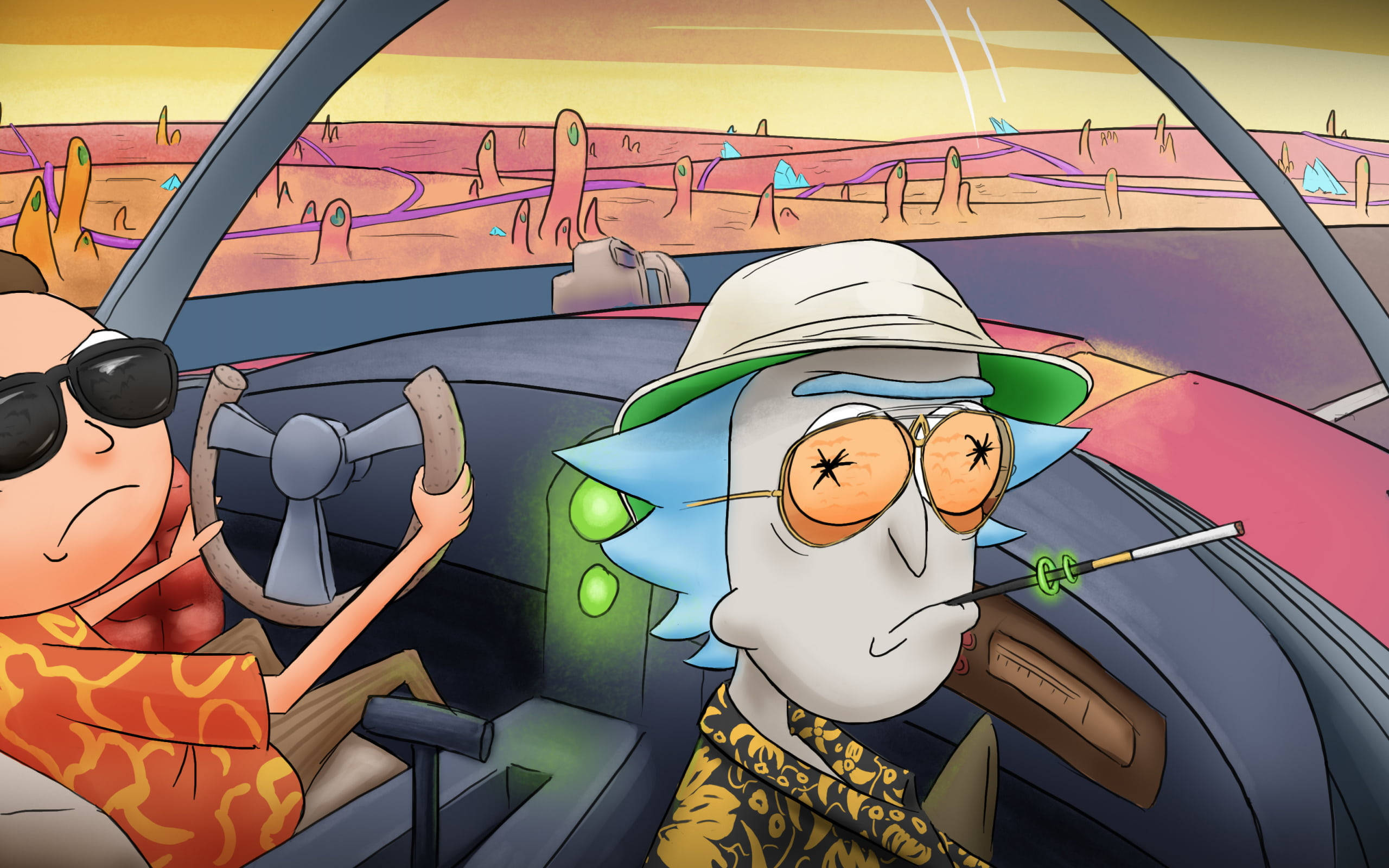rick 桌布 壁紙 — 兩個動畫角色駕駛汽車穿過一個超現實的沙漠景觀，其中有外星岩石形成。