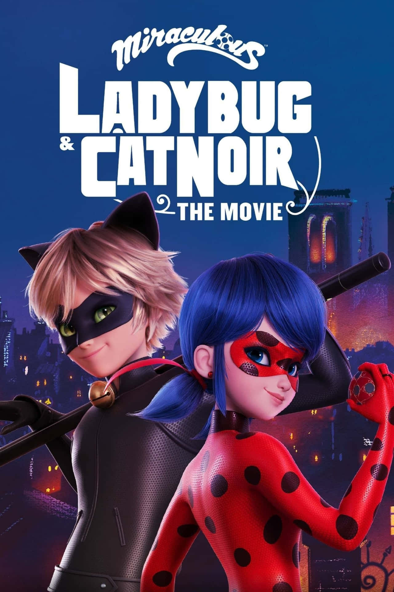 Ladybug 和 Cat Noir 穿著超級英雄服裝，以城市夜景為背景。 — 瓢蟲少女 GIF 壁紙
