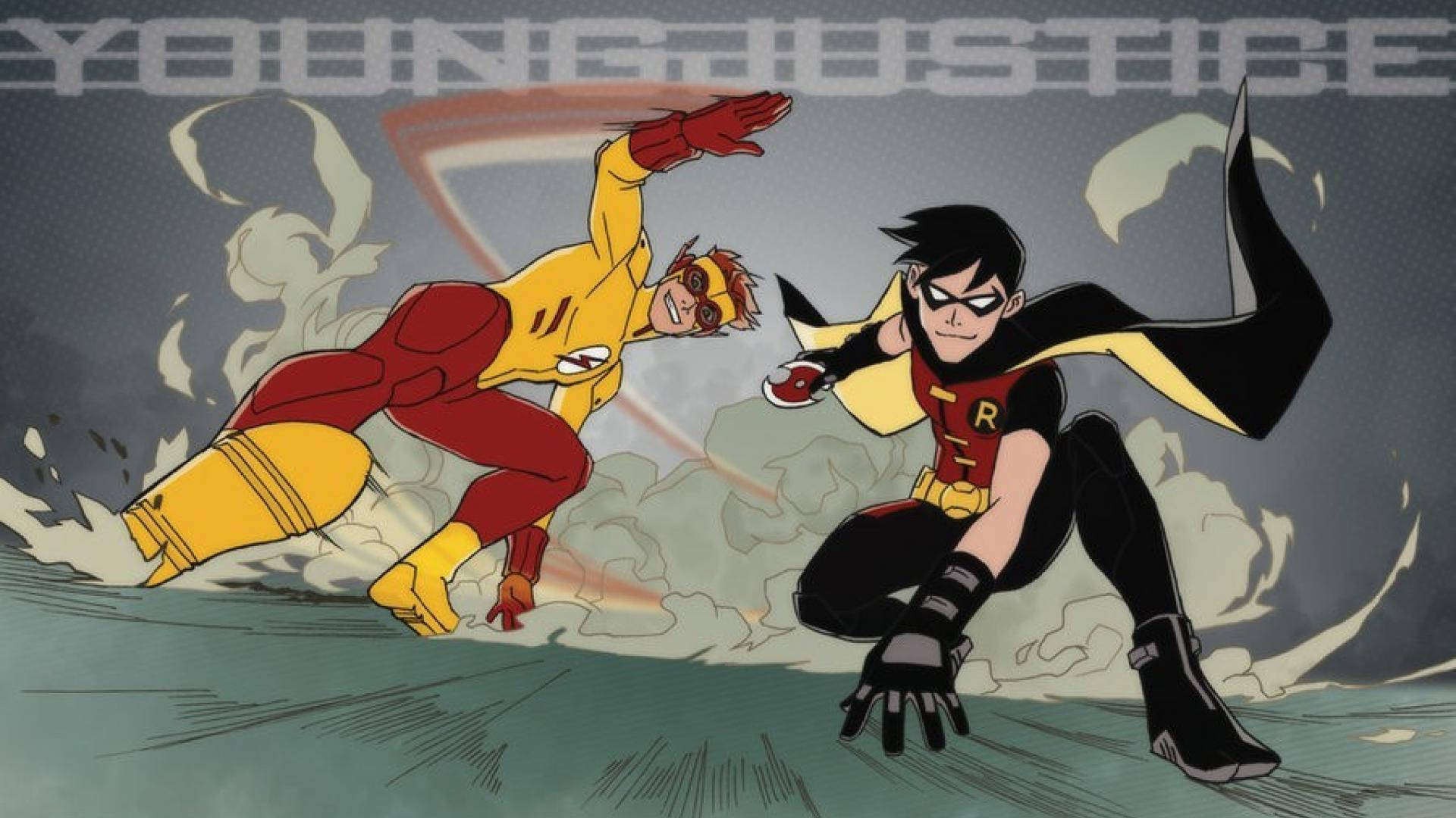 Flash 桌布 壁紙 — 兩個動畫超級英雄在旋轉煙霧和動態線條中擺出動感姿勢。