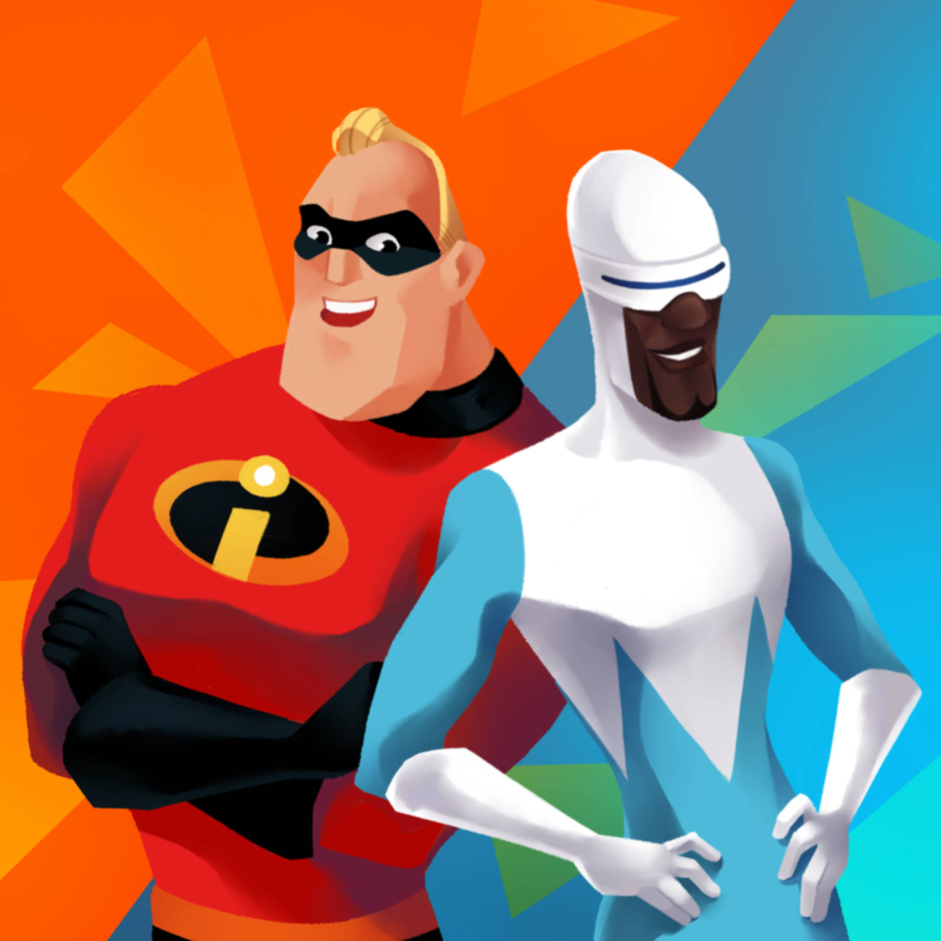 Frozone 桌布 壁紙 — 兩個動畫超級英雄穿著大膽服裝，自信地站在充滿活力的幾何背景前。