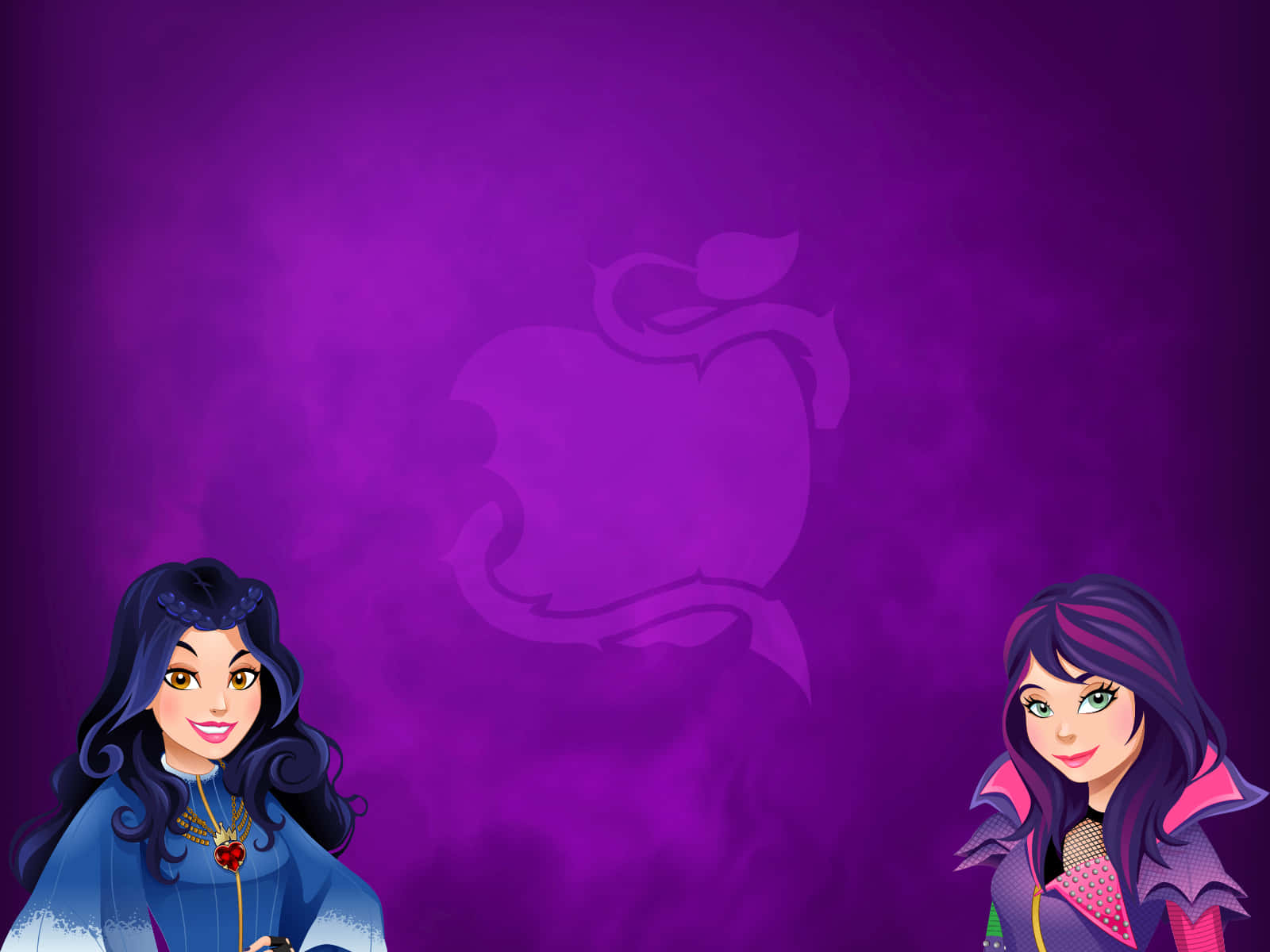 Disney Descendants 桌布 壁紙 — 兩個動畫迪士尼反派角色，深色頭髮，紫色背景，站在一個模糊的蘋果剪影旁邊。