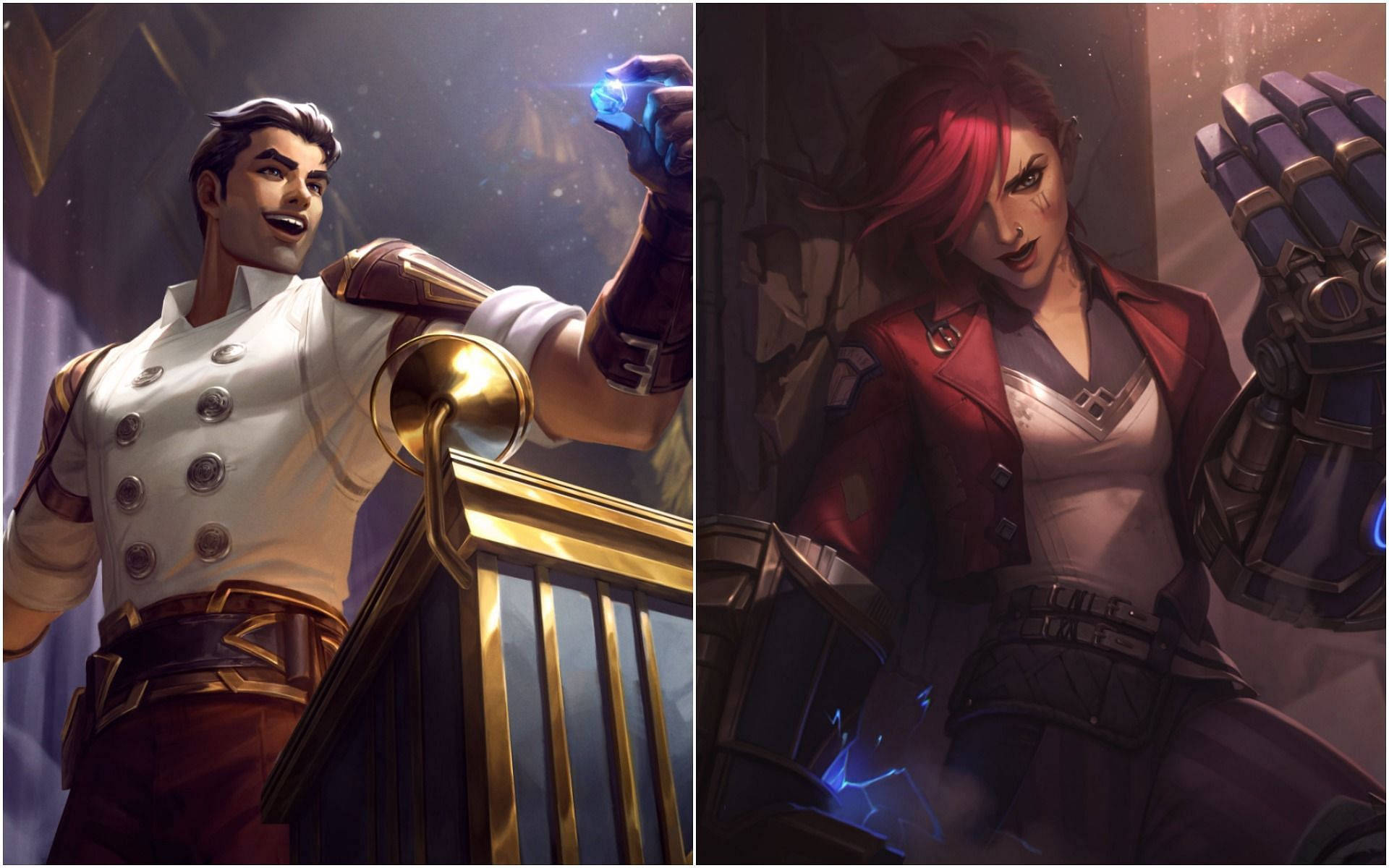 Arcane 桌布 壁紙 — 兩個動畫遊戲角色，一個穿白色制服、手持發光球體的男性，另一個穿紅色外套、戴機械手套的女性。