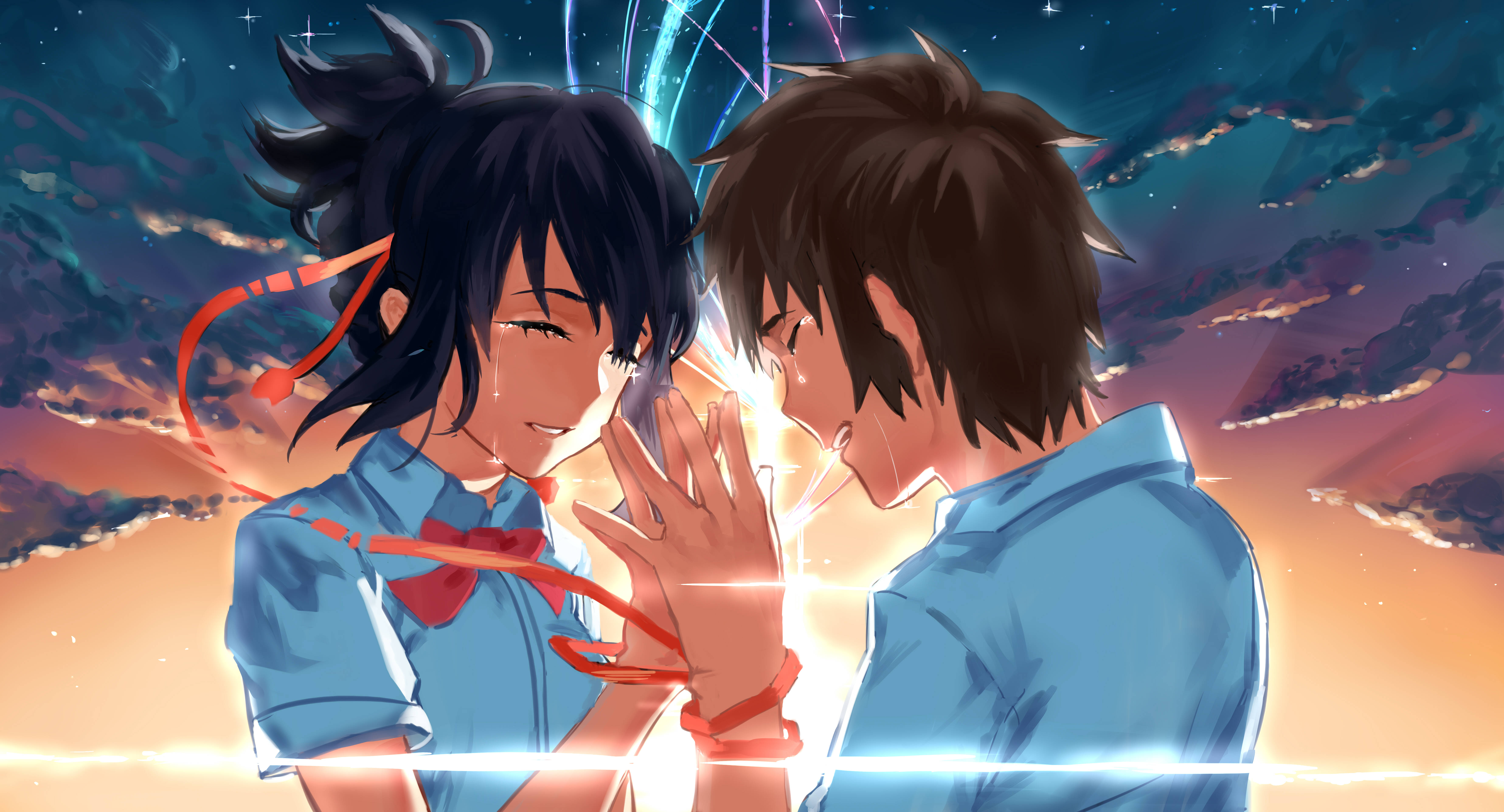 Your Name 桌布 壁紙 — 兩個動畫青少年在充滿活力的暮色天空下分享溫柔時刻，發光的能量絲線將他們連接起來。