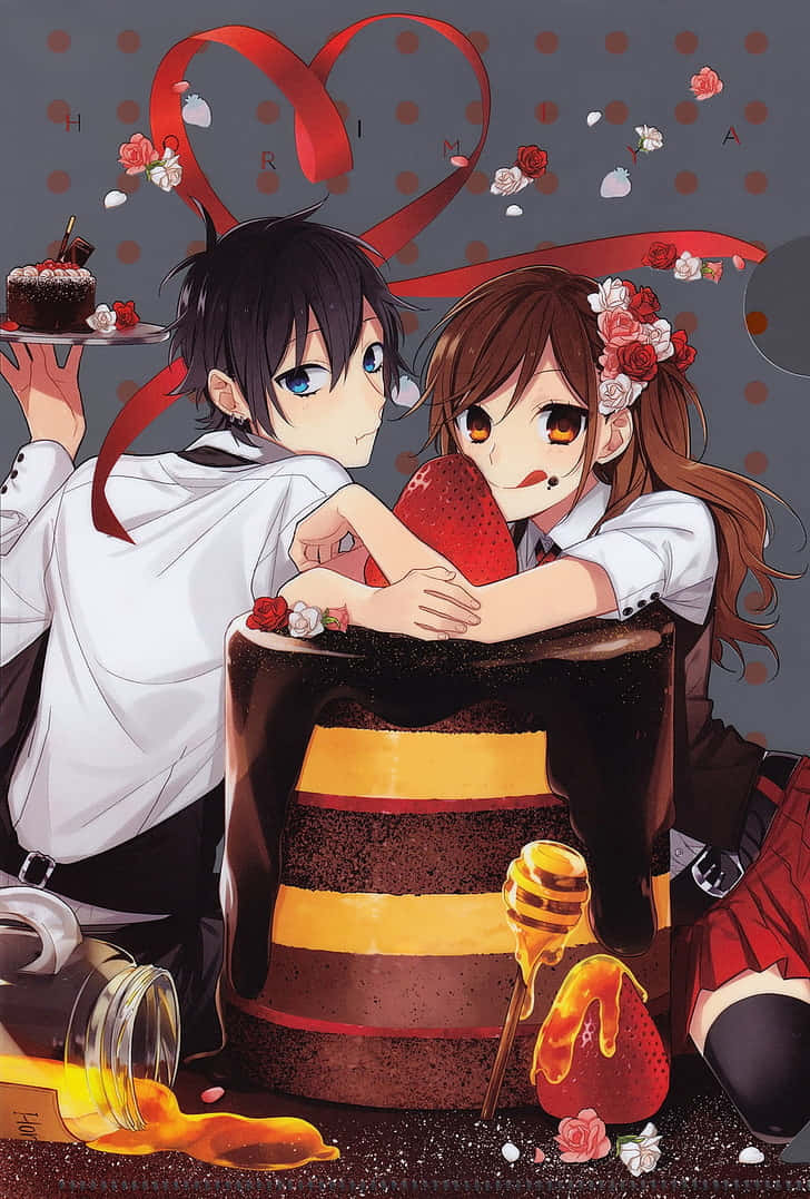 Cute Couples 桌布 壁紙 — 兩個動畫青少年在浪漫的情人節場景中分享一個巨大的巧克力蛋糕，配以草莓和蜂蜜。