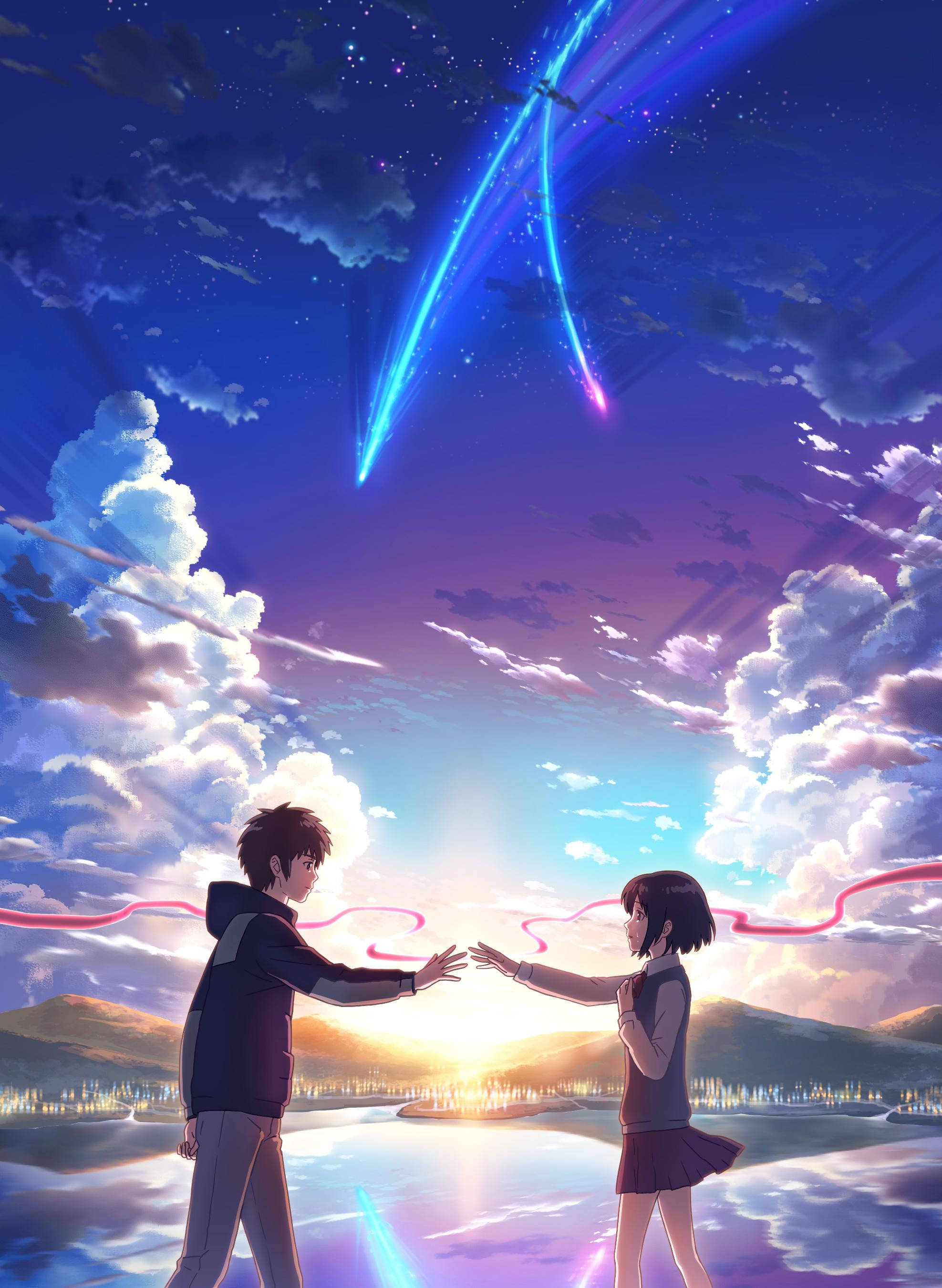 kimi no na wa phone 桌布 壁紙 — 兩個動畫青少年在發光的湖兩邊伸手向對方，鮮豔的藍色和粉紅色彗尾劃過黃昏的天空。