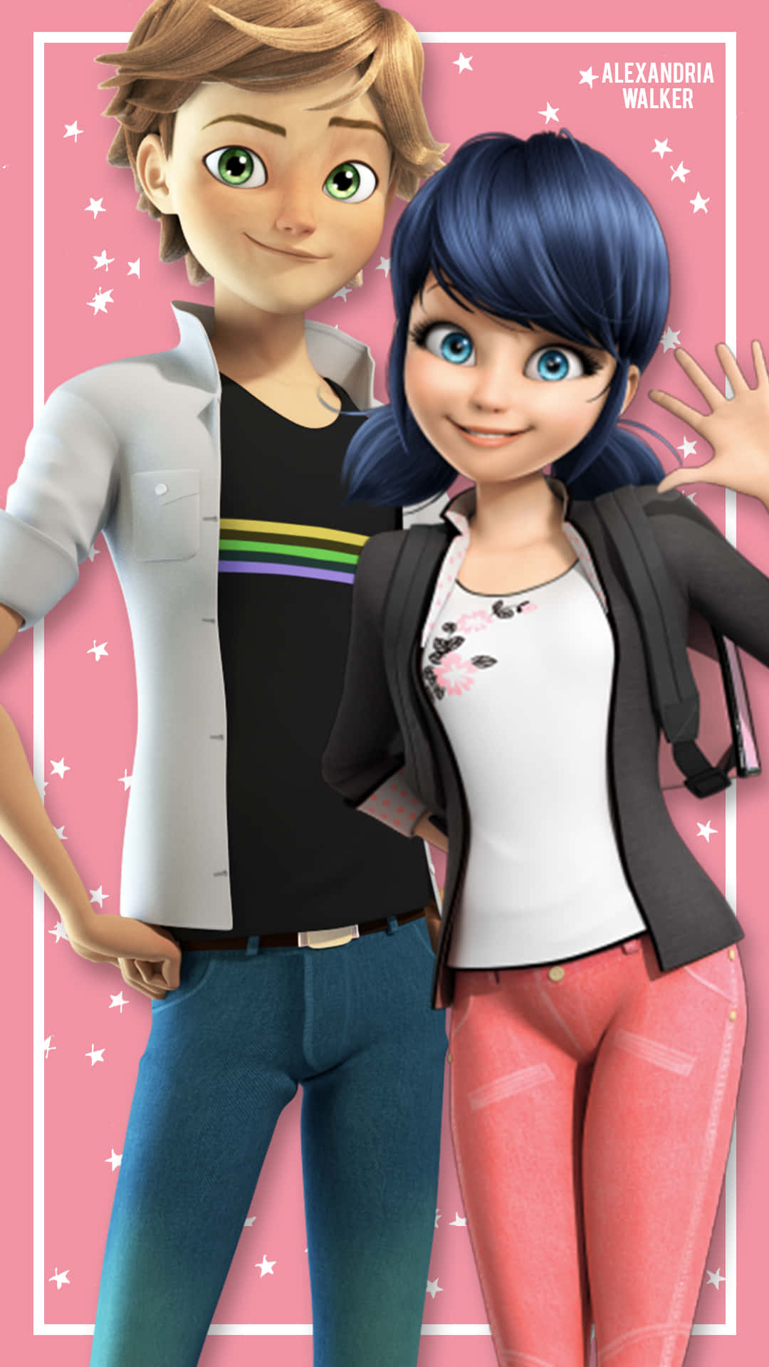 Marinette And Adrien 桌布 壁紙 — 兩個動畫青少年在粉紅色星星背景上微笑，帶有白色邊框。