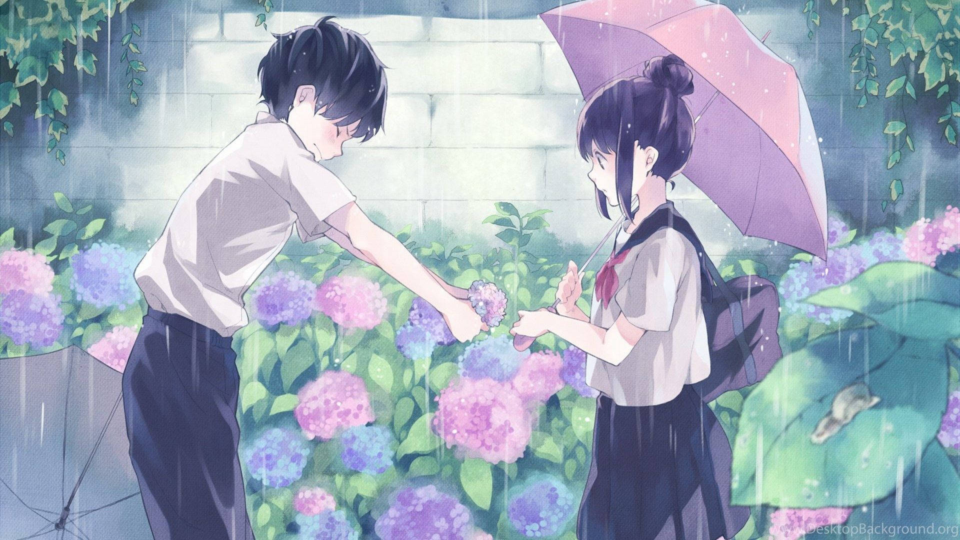 可愛動漫 桌布 壁紙 — 兩個動畫青少年在紫色雨傘下，在溫柔的暴風雨中分享交換繡球花的溫馨時刻。