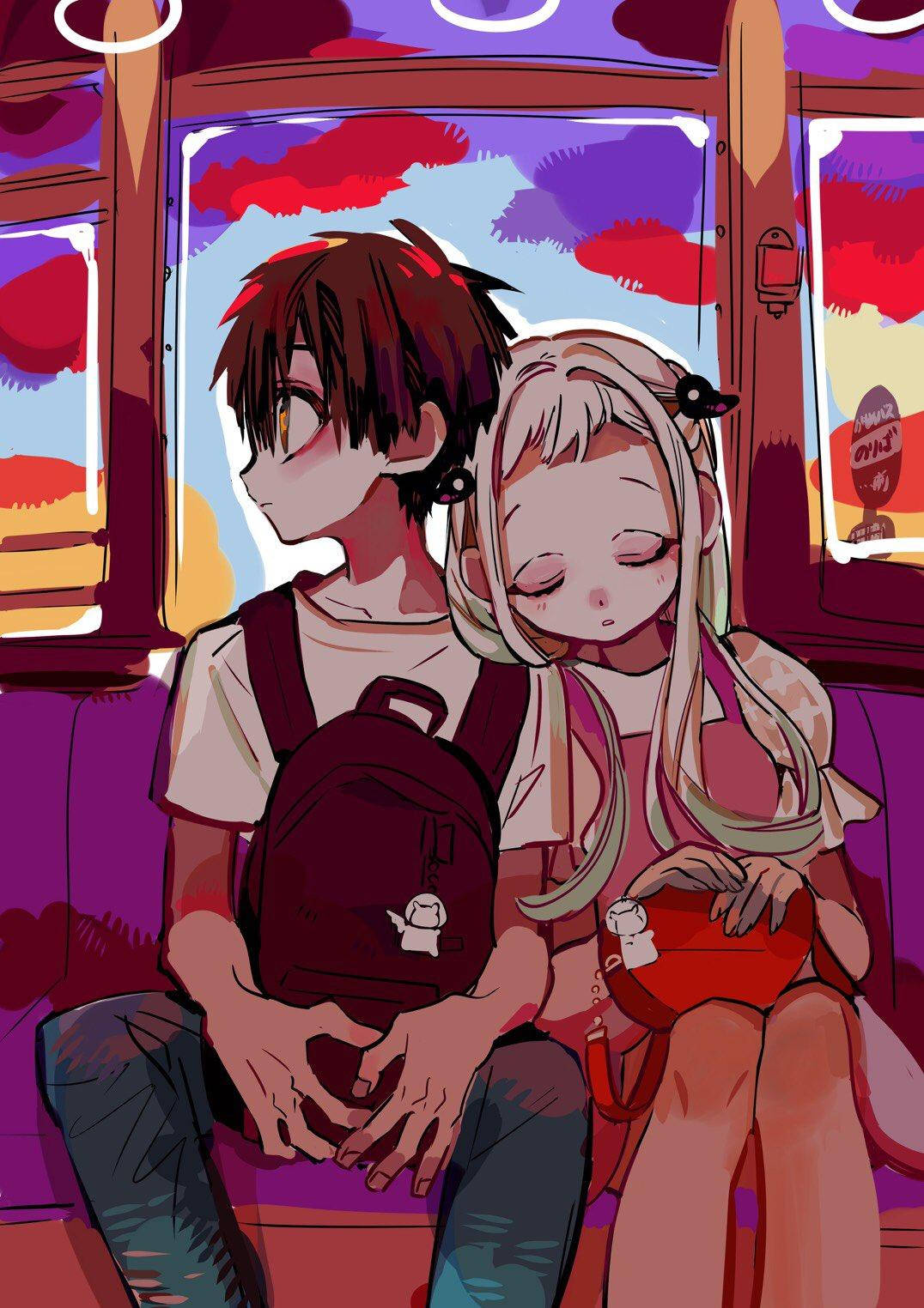 hanako 桌布 壁紙 — 兩個動畫青少年在色彩繽紛的火車上共享寧靜時刻，窗外是充滿活力的日落色調。
