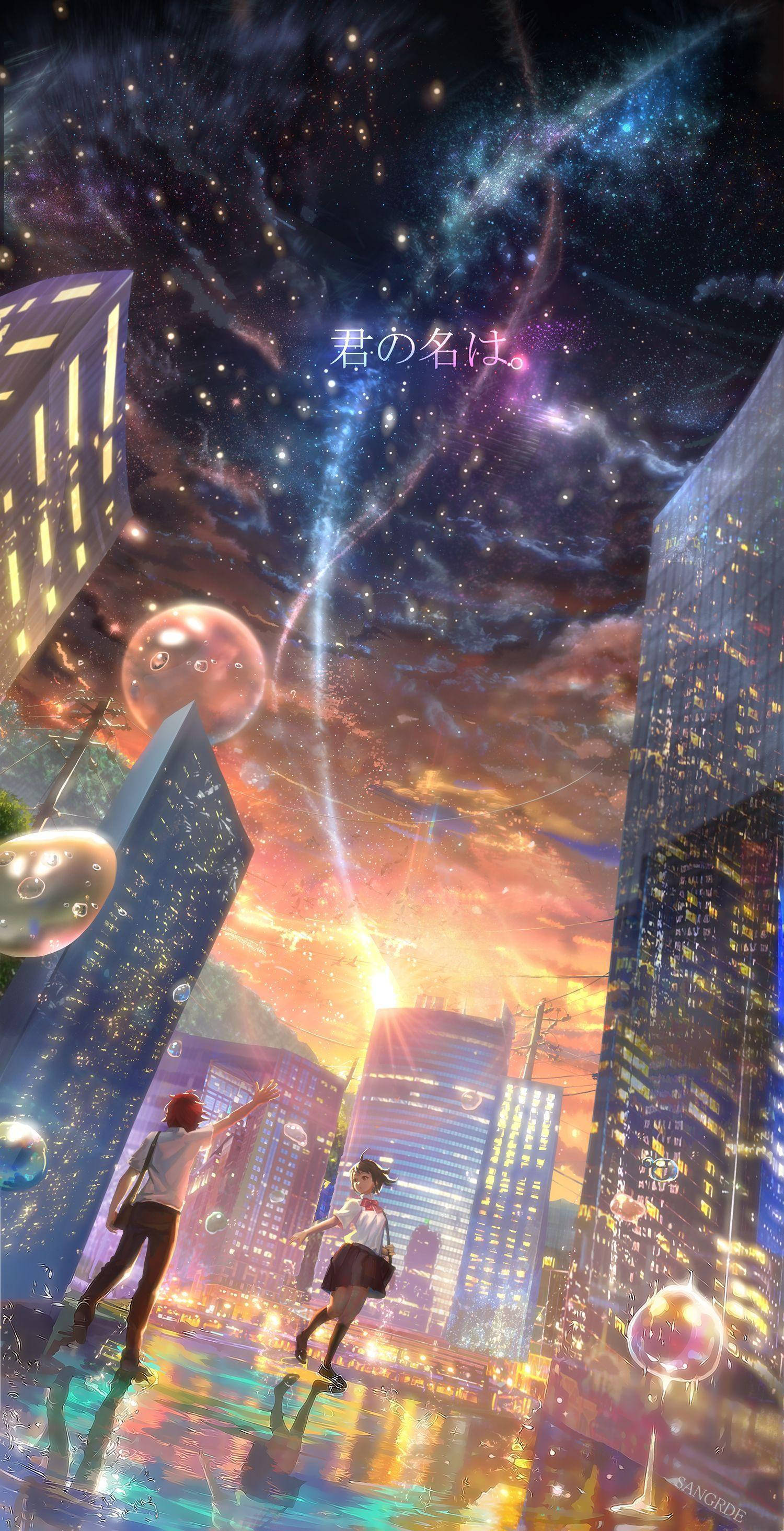 動漫風格 桌布 壁紙 — 兩個動畫青少年在超現實的星空下滑冰，下方是發光的霓虹摩天大樓和漂浮的球體。