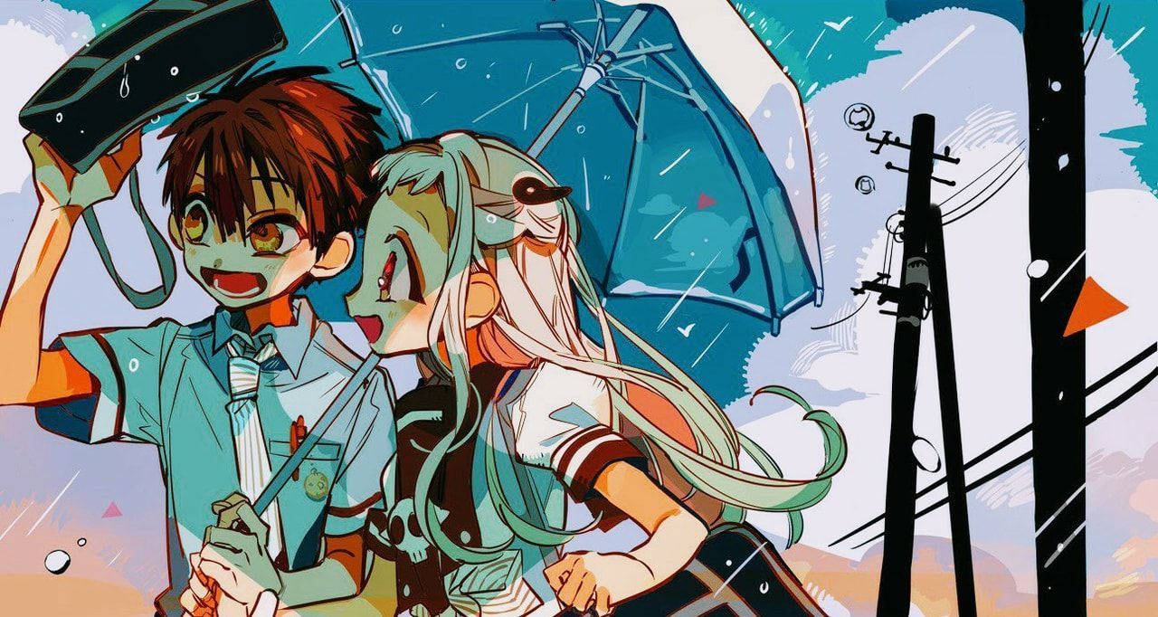動漫男孩 桌布 壁紙 — 兩個動畫青少年在雨中街景中共享一把藍色雨傘，背景有電線和風格化的雲朵。