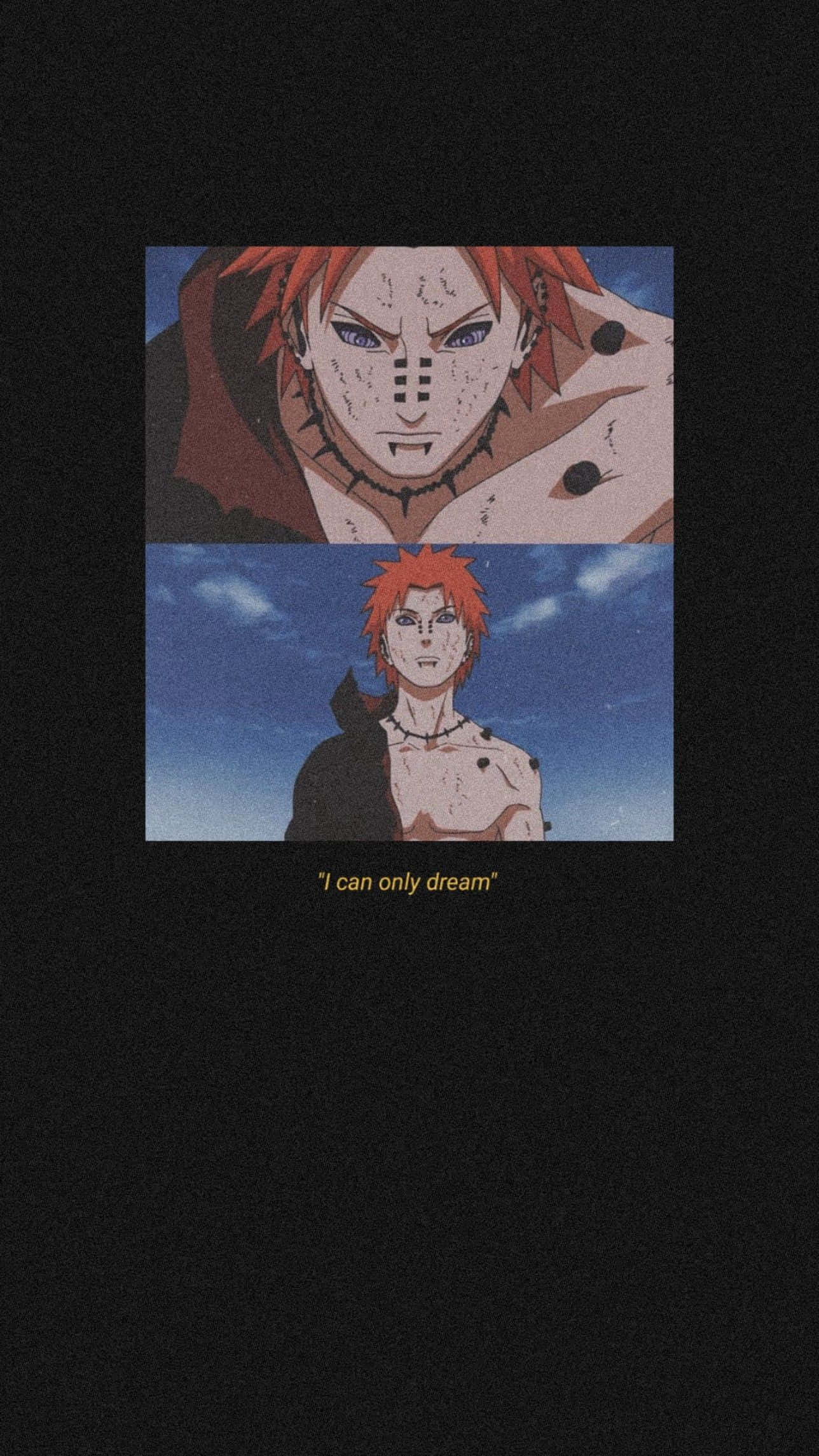 Sad Aesthetic Naruto 桌布 壁紙 — 兩個動畫面板，展示一個紅髮角色，帶有傷疤和面具，在藍天下表現出強烈表情。