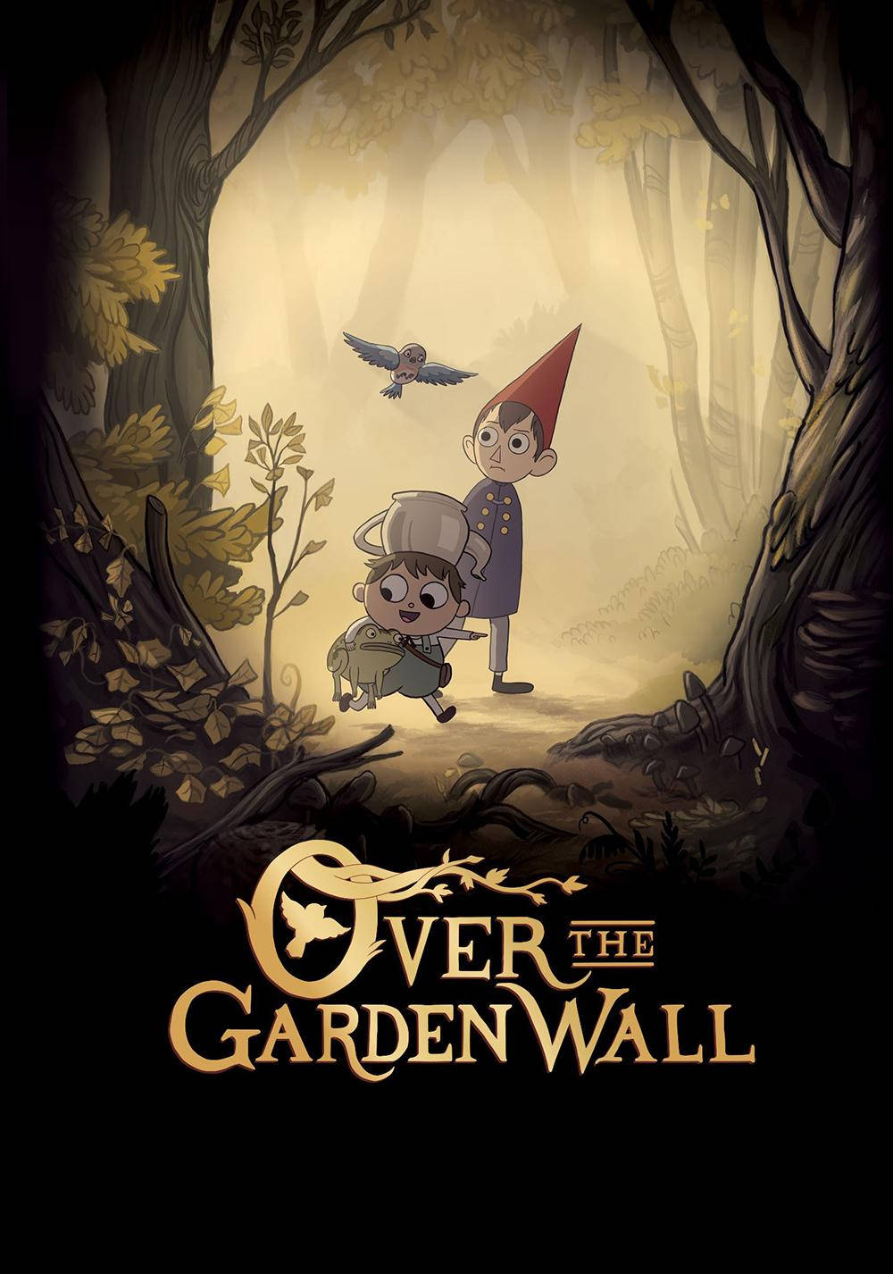 over the garden wall 桌布 壁紙 — 兩個動畫風格的小孩在神秘森林中，一隻鳥在溫暖的金色光芒下飛過頭頂。
