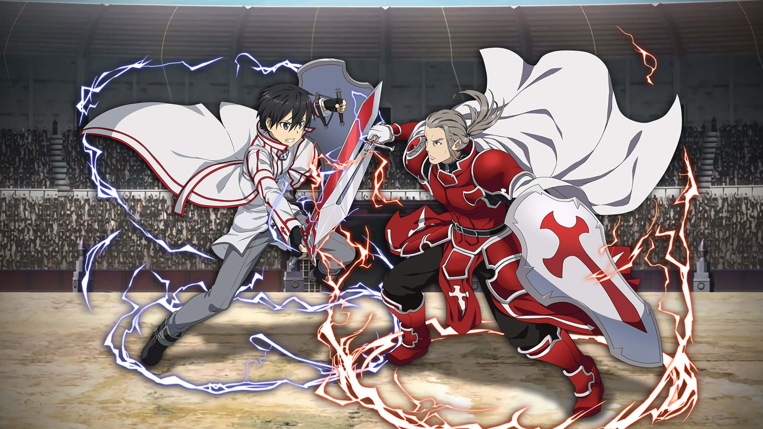 Sword Art Online Heathcliff 桌布 壁紙 — 兩個動畫騎士在體育場內劍刃交鋒，周圍環繞著劈啪作響的藍色和紅色能量弧。