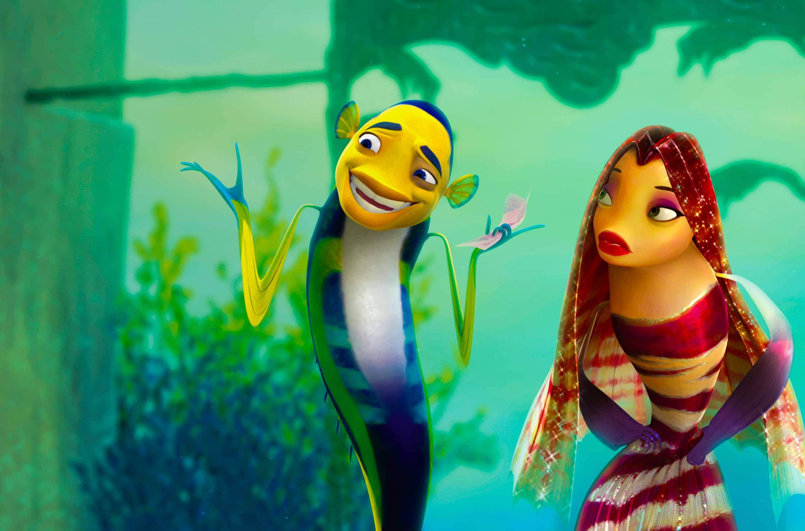 Shark Tale 桌布 壁紙 — 兩個動畫魚角色在珊瑚和海藻附近以鮮豔色彩和表情豐富的臉孔在水下互動。