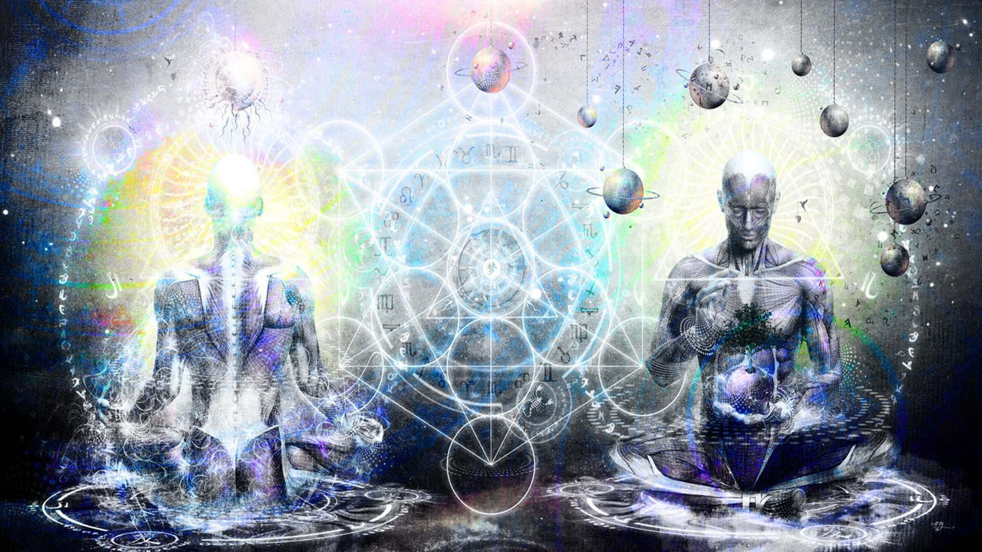 Sacred Geometry 桌布 壁紙 — 兩個半透明人形在漂浮的行星和發光的幾何符號中冥想，構成宇宙數位藝術場景。