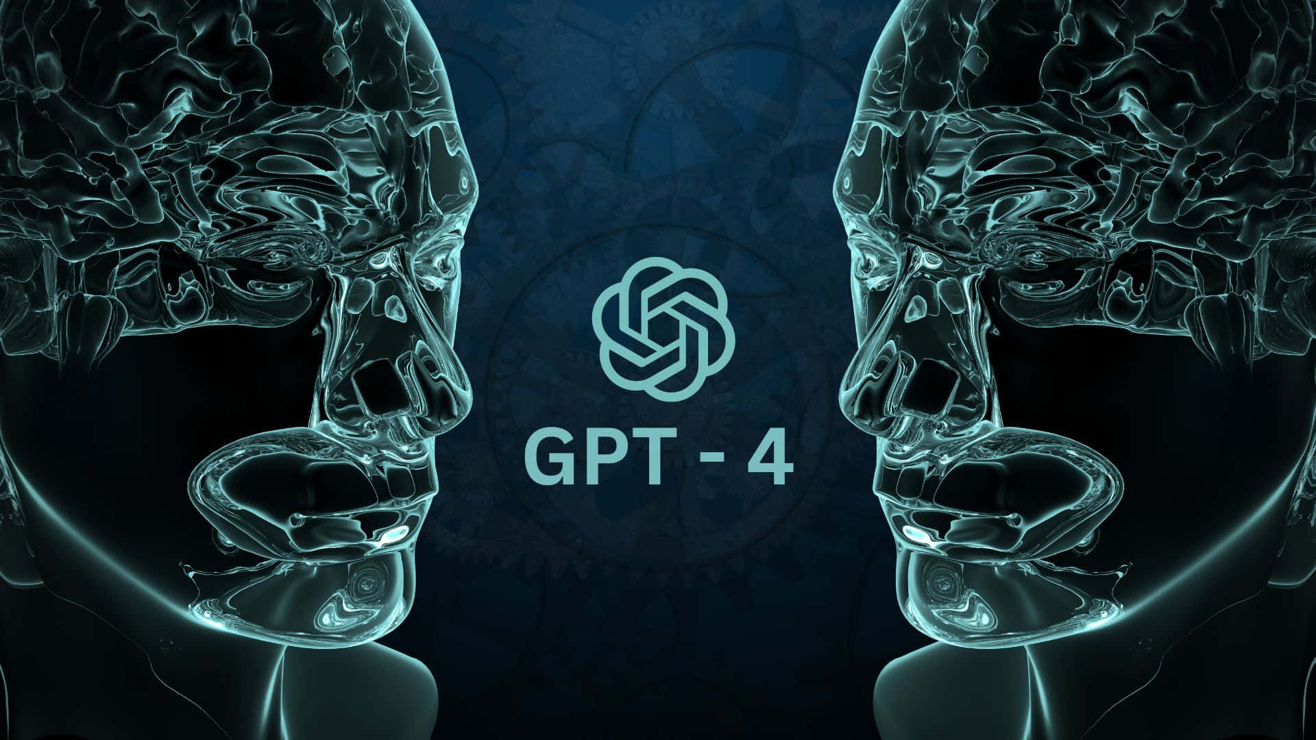 Gpt-4 桌布 壁紙 — 兩個半透明玻璃般的人頭面對面，GPT-4標誌在它們之間發光，背景為深藍色。