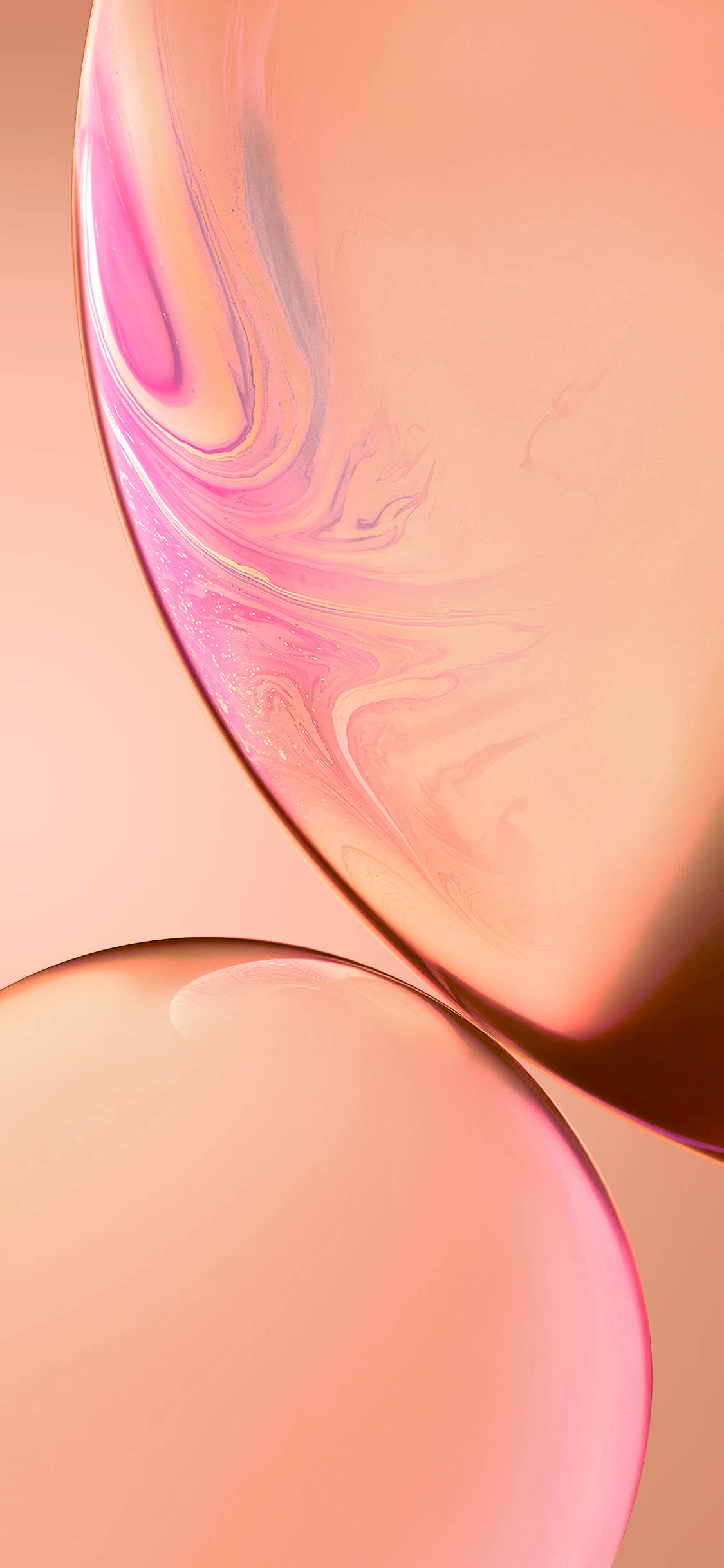 Pink iPhone Xr 桌布 壁紙 — 兩個半透明粉紅色球體帶有漩渦大理石紋理，漂浮在柔和蜜桃色背景上。