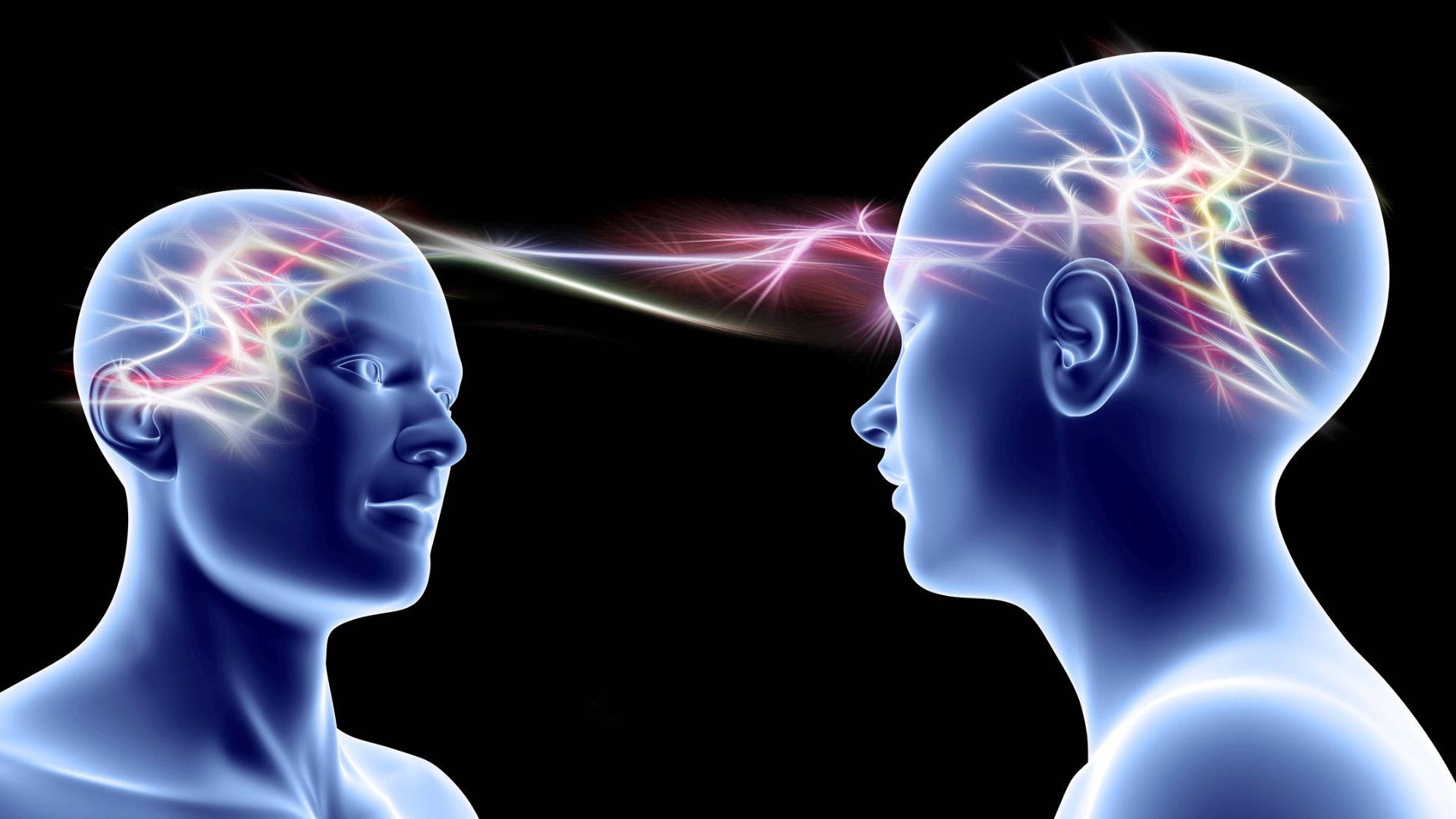 Brain 桌布 壁紙 — 兩個半透明藍色人頭面對面，發光的神經網絡和能量束在黑色背景上連接他們的大腦。