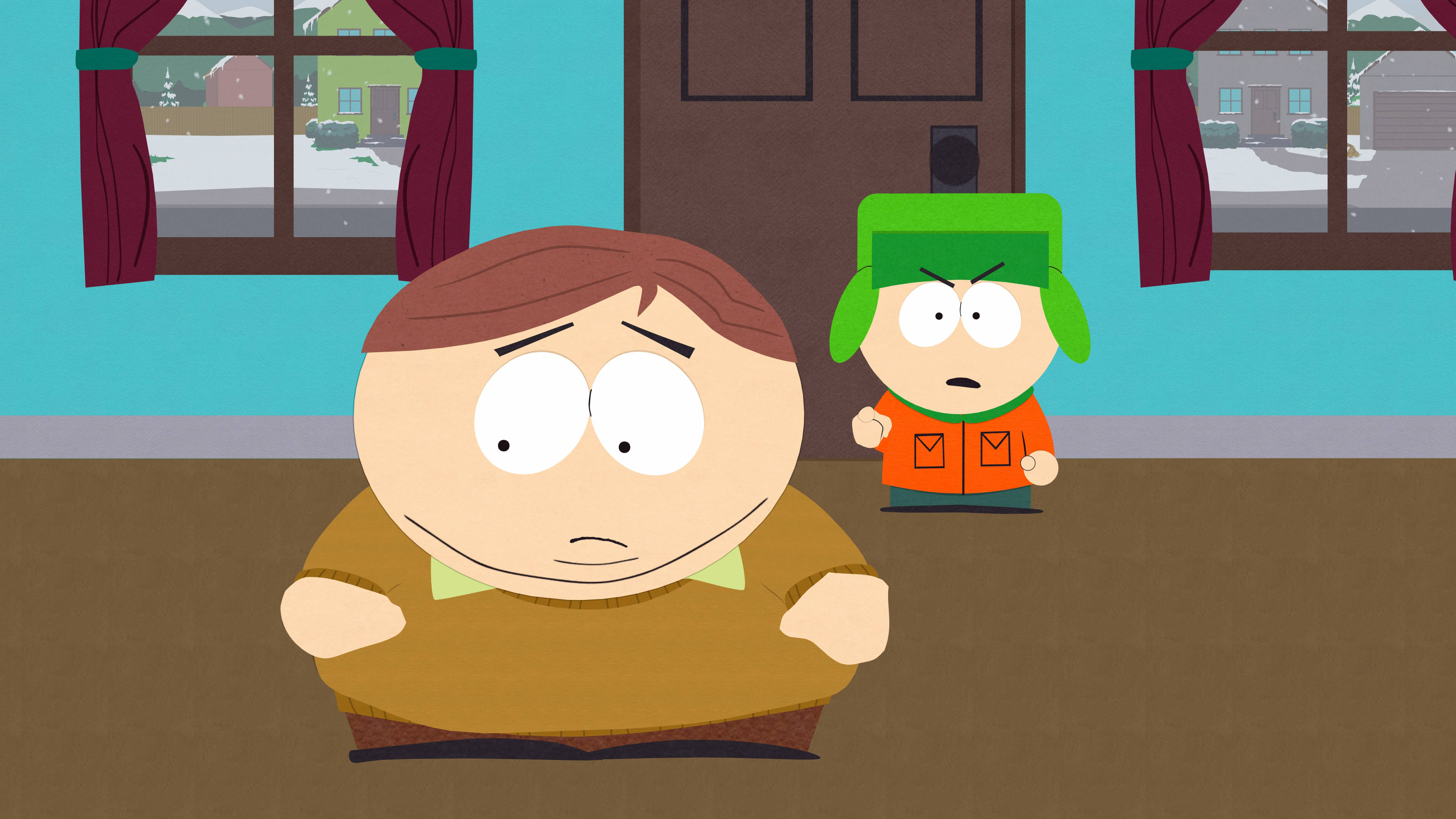 Kyle Broflovski 桌布 壁紙 — 兩個南方公園角色站在雪白的室內，表情憂慮。