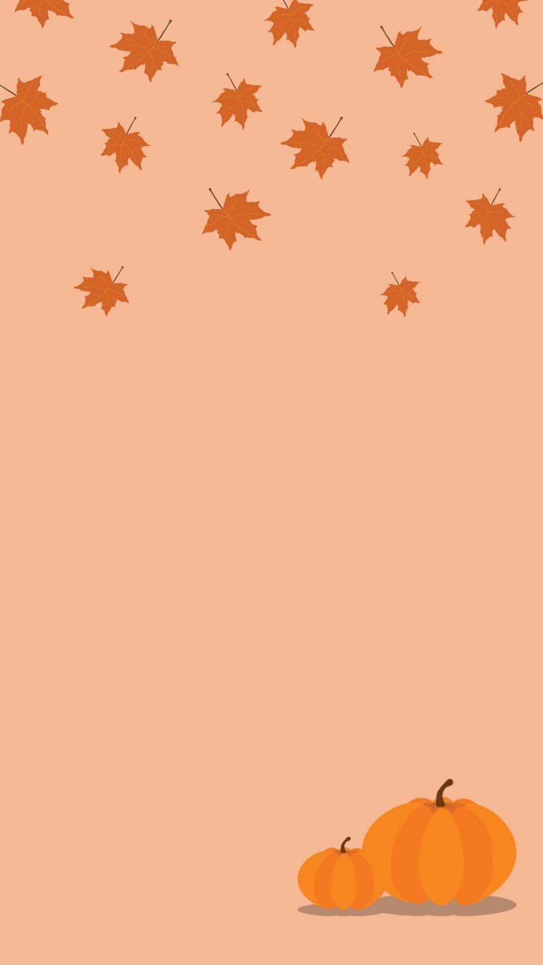 Cute Autumn iPhone 桌布 壁紙 — 兩個南瓜放在右下角，秋葉在柔和的桃色背景上飄落。