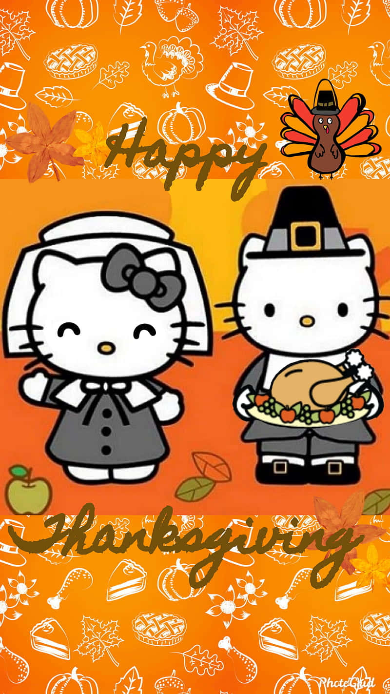 Hello Kitty Thanksgiving 桌布 壁紙 — 兩個卡通Hello Kitty角色打扮成朝聖者，在橙色背景上與火雞和秋葉慶祝感恩節。