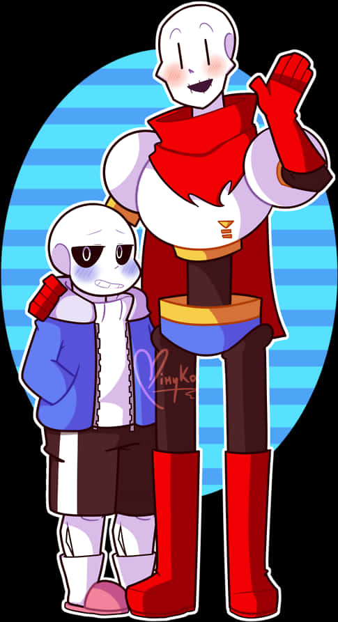 Undertale 桌布 壁紙 — 兩個卡通人物，一個高個子戴紅色圍巾揮手，一個矮個子穿藍色外套，站在藍色條紋橢圓形背景前。