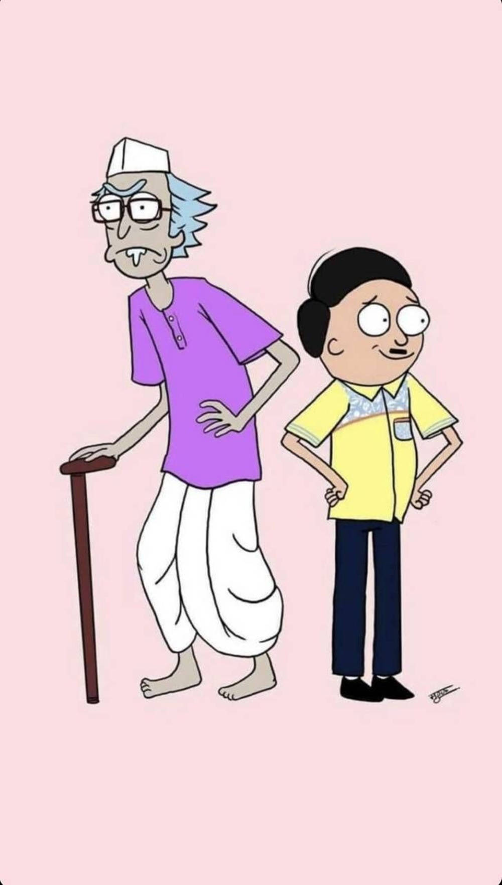 Indian 桌布 壁紙 — 兩個卡通人物並排站在純粉紅色背景前，一個較年長手持拐杖，另一個較年輕雙手叉腰。