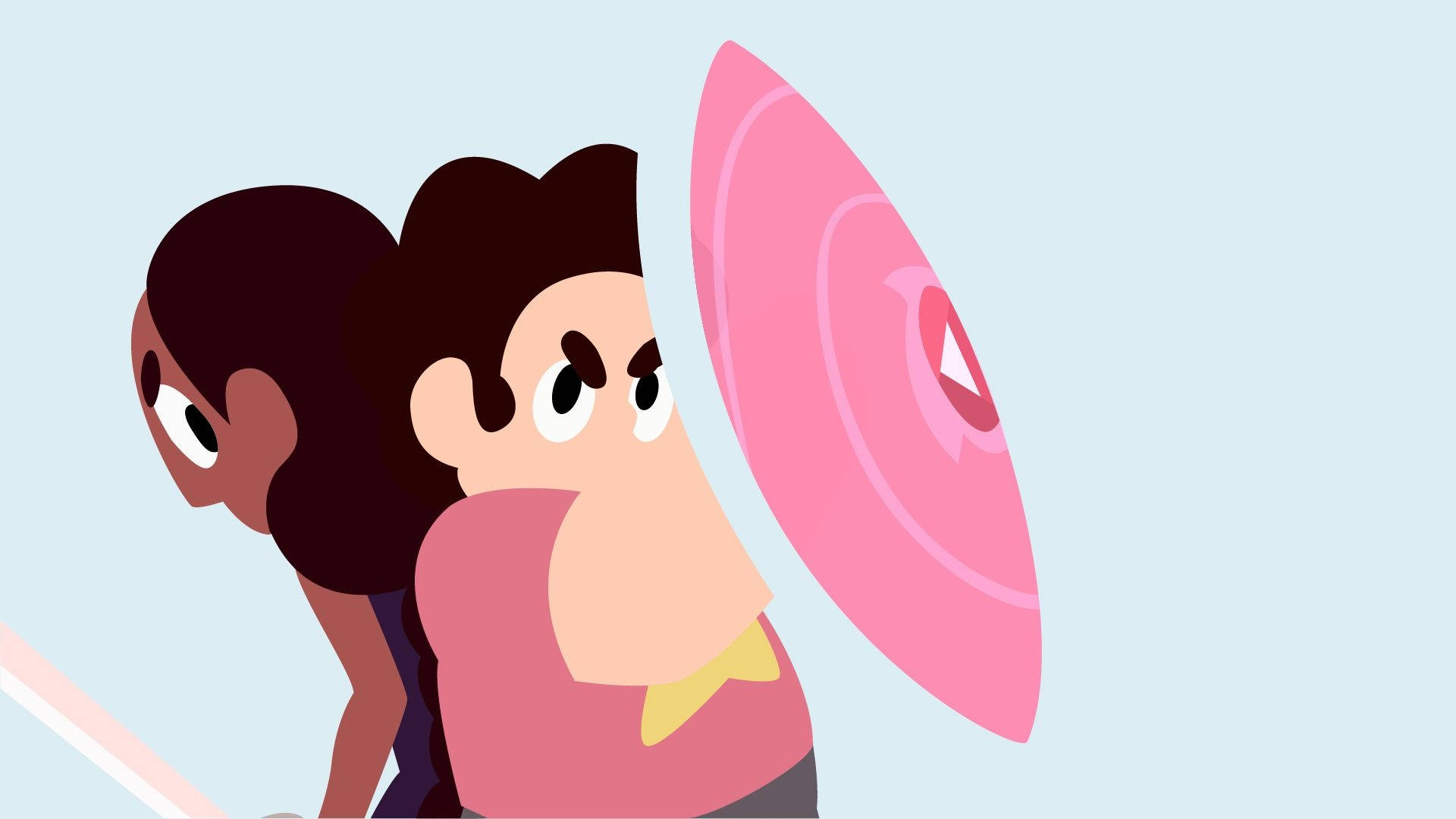 Cartoon Network 桌布 壁紙 — 兩個卡通人物側面，其中一個手持粉紅色盾牌，上面有紅色眼睛圖案，背景為淺藍色。
