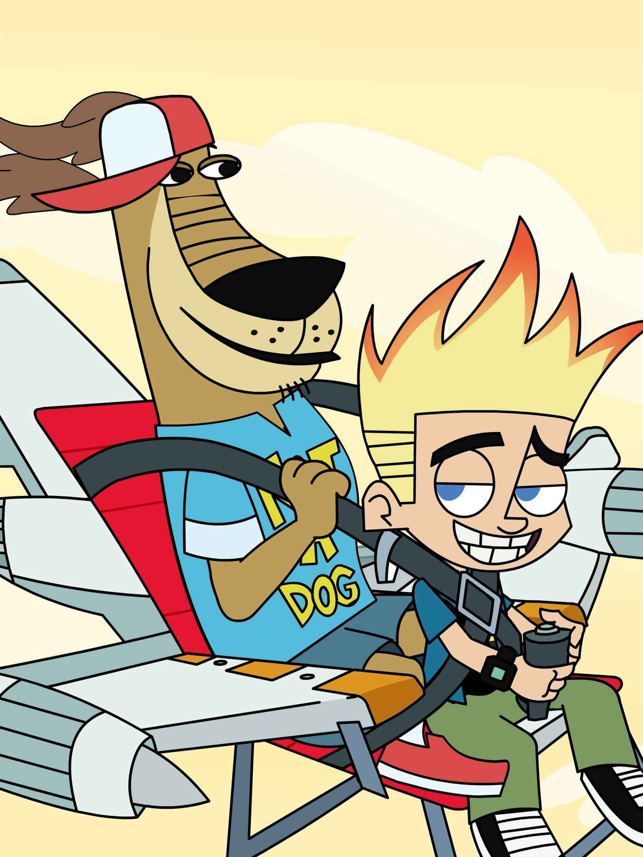 Johnny Test 桌布 壁紙 — 兩個卡通人物咧嘴大笑，駕駛著一架未來風格的噴射機，有著火焰般的頭髮和一隻戴著帽子的狗。