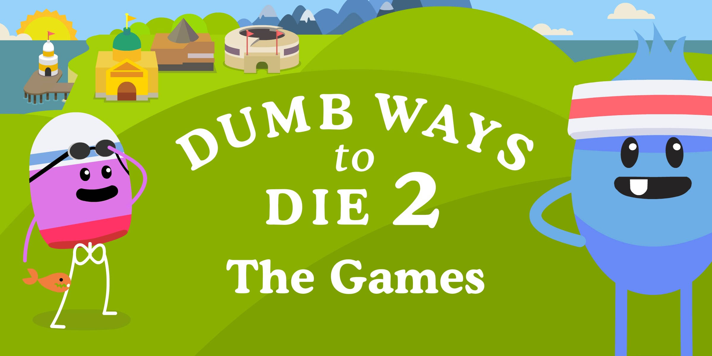 dumb 桌布 壁紙 — 兩個卡通人物在明亮的綠色山丘、遠處建築物和藍天的背景下，左右圍繞著標題「Dumb Ways to Die 2 The Games」。