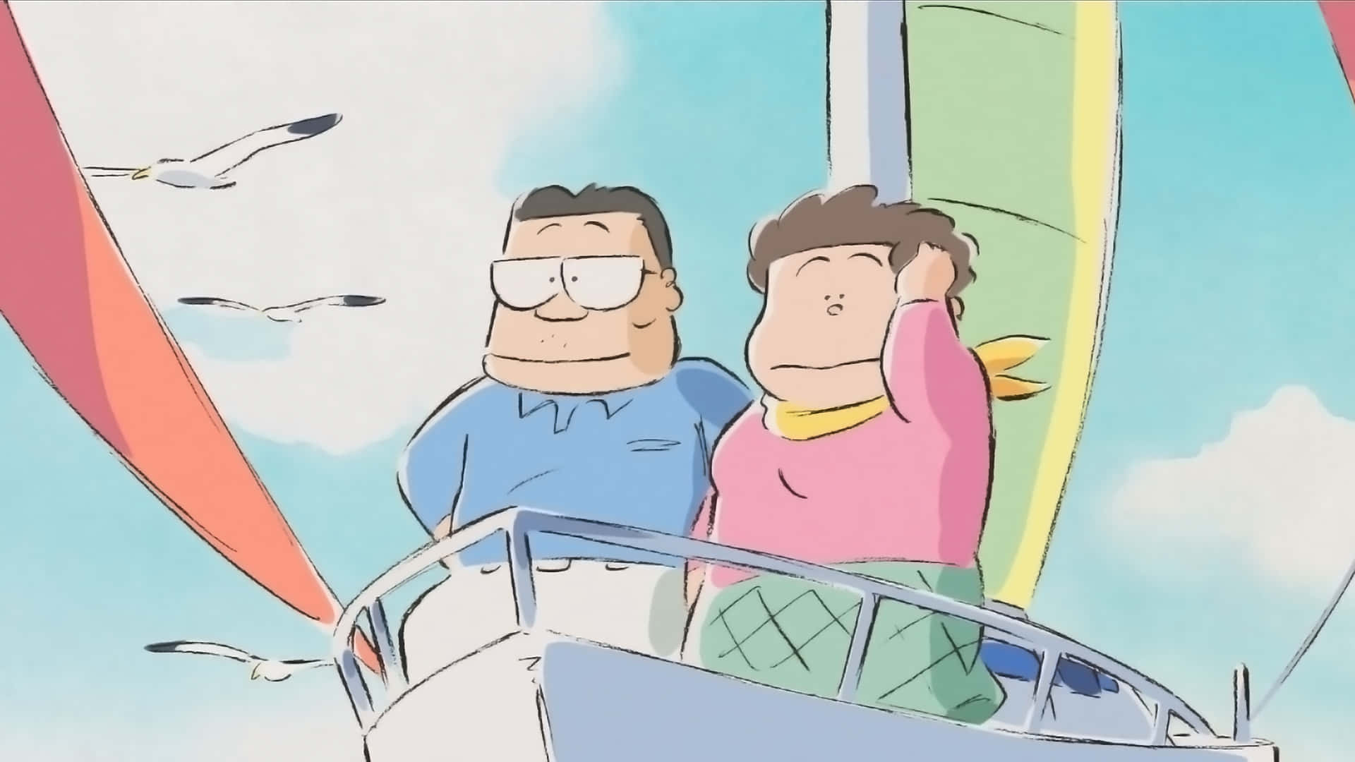 My Neighbors The Yamadas 桌布 壁紙 — 兩個卡通人物在晴朗的藍天下享受陽光燦爛的帆船之旅，海鷗在頭頂飛翔。