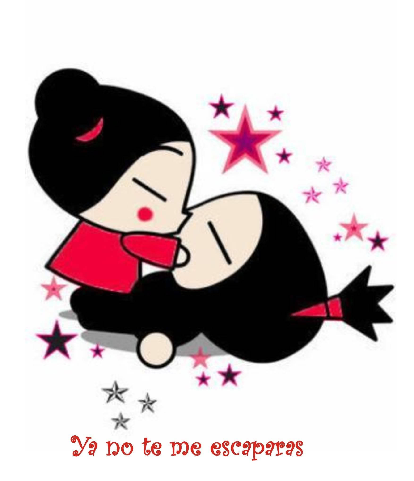 Pucca 桌布 壁紙 — 兩個卡通人物接吻，周圍有粉紅色和銀色星星，下方有紅色文字。