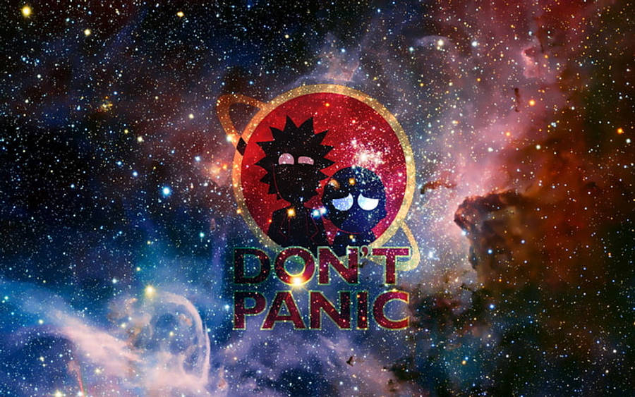 Panic 桌布 壁紙 — 兩個卡通人物擠在一個紅色圓圈內，背景是充滿活力的宇宙星雲，下方有發光的文字「DON'T PANIC」。