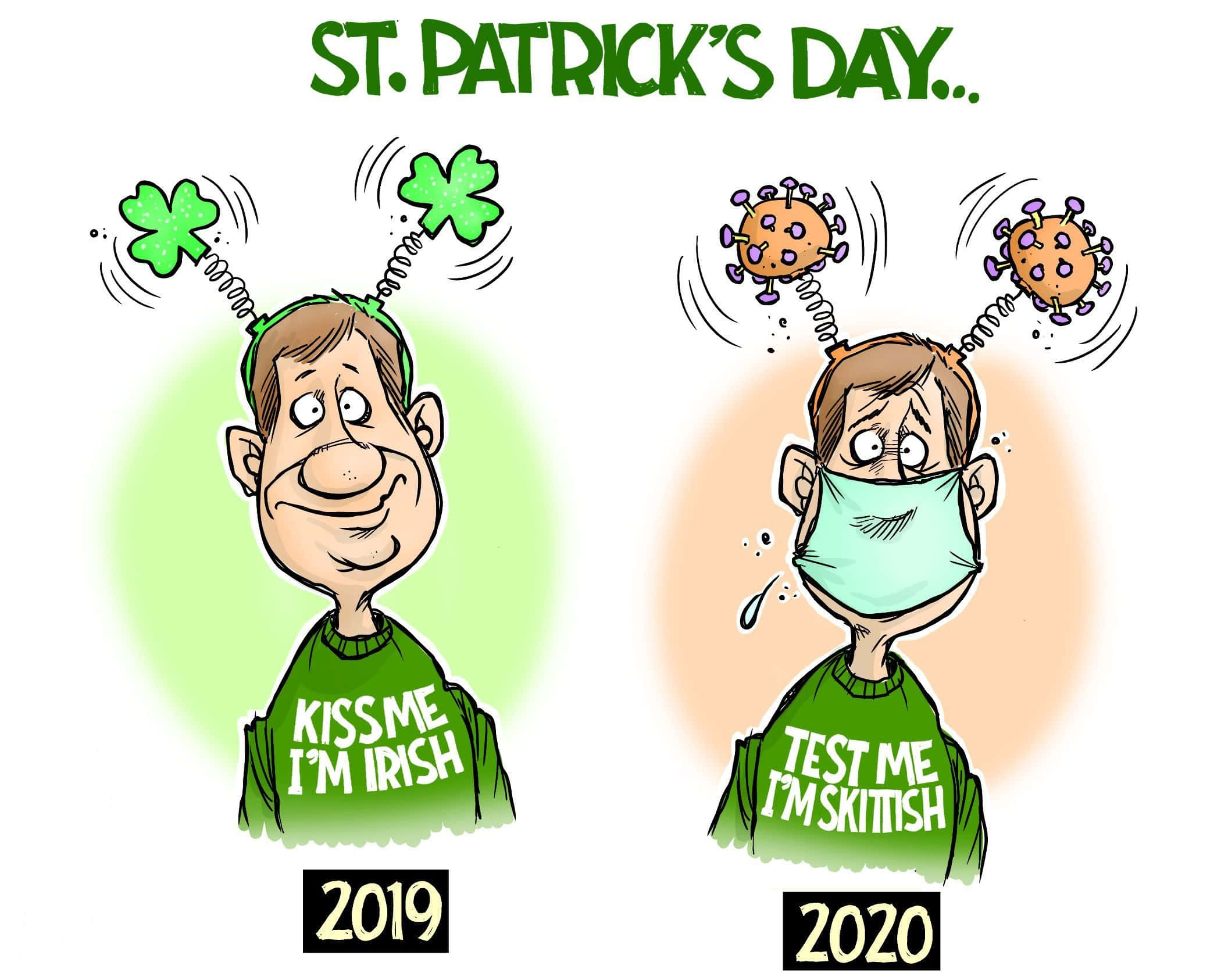 meme 桌布 壁紙 — 兩個卡通人物比較2019年聖派翠克節的傳統（三葉草）與2020年（病毒顆粒和口罩）。