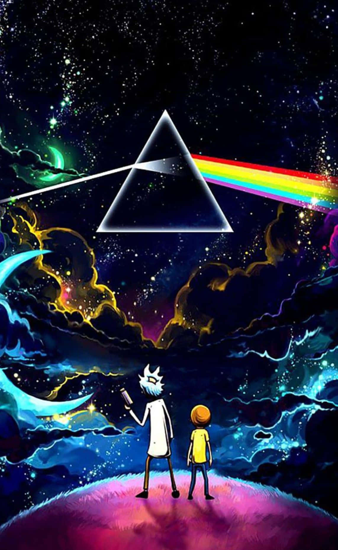 Et 桌布 壁紙 — 兩個卡通人物站在一個發光的星球上，凝視著一個棱鏡，在星光燦爛的宇宙天空中投射出一道彩虹。