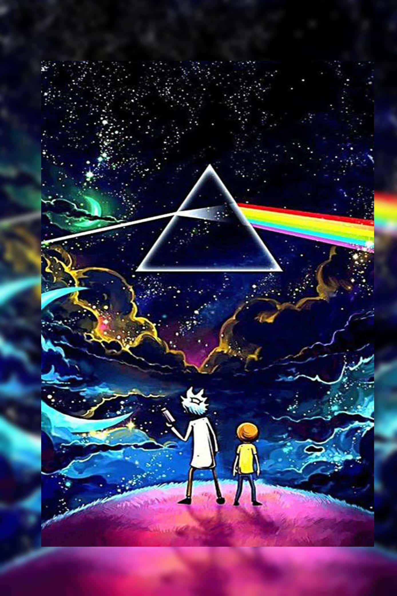 瑞克和莫蒂 桌布 壁紙 — 兩個卡通人物站在一個粉紅色星球上，凝視著一個發光的棱鏡，在繁星點點的宇宙天空中投射出一道彩虹。