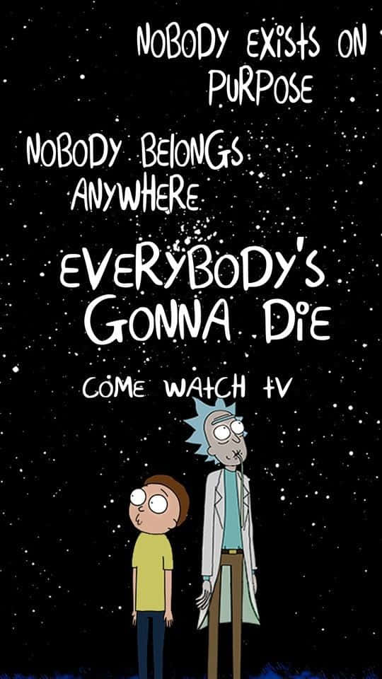 Wubba Lubba Dub Dub 桌布 壁紙 — 兩個卡通人物站在星空下，存在主義文字漂浮在他們上方。