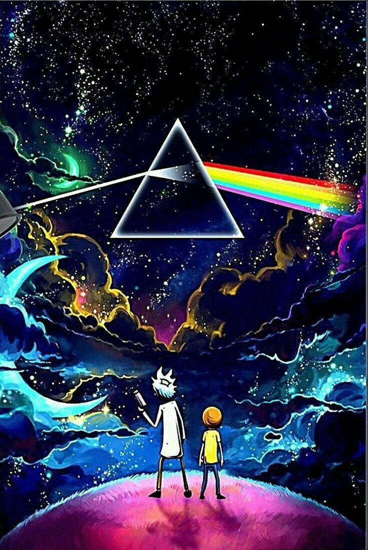 Floyd 桌布 壁紙 — 兩個卡通人物站在發光的星球上，凝視著在星空宇宙中分裂光線的棱鏡。