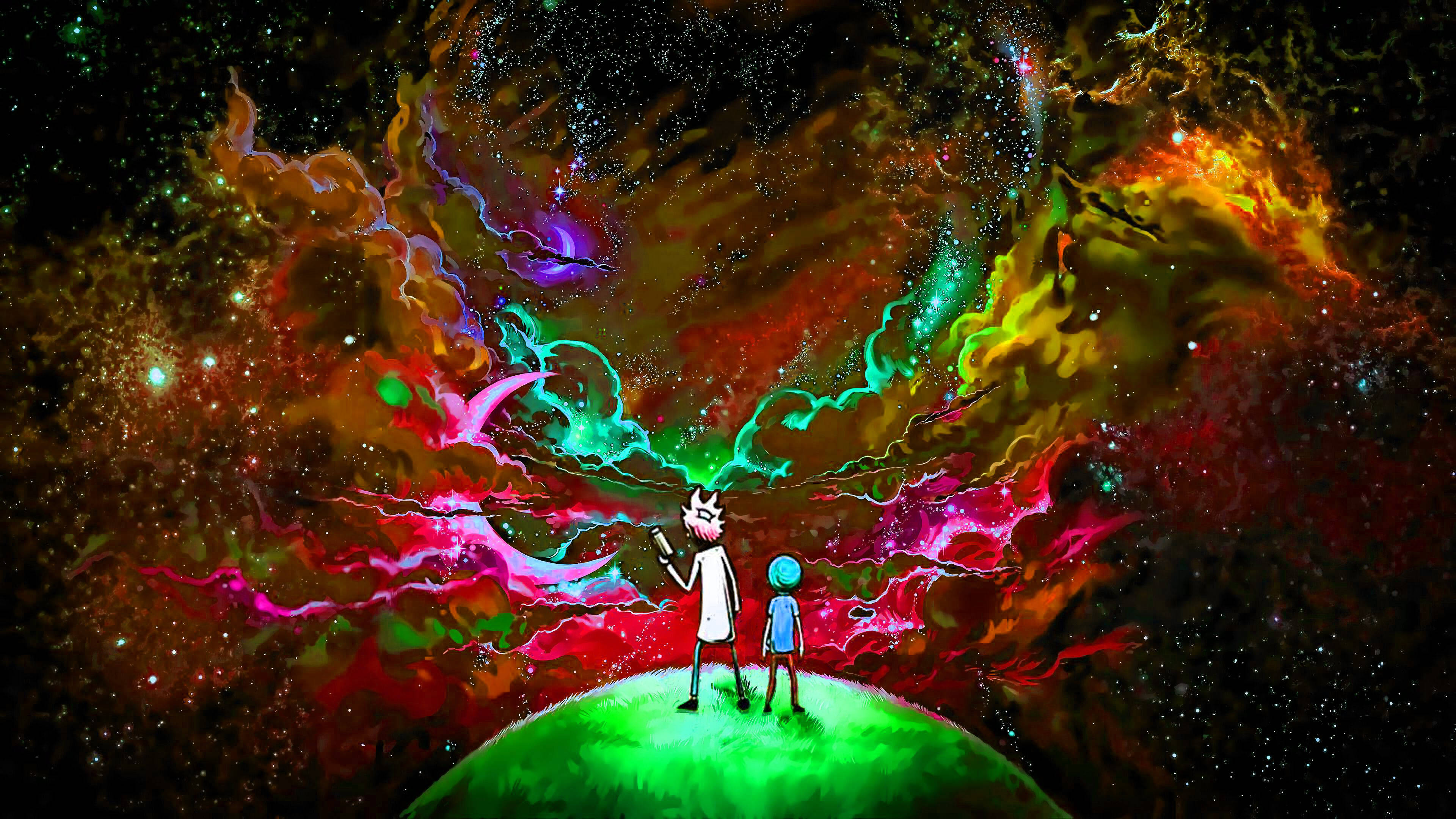 桌布 壁紙 — 兩個卡通人物站在發光的綠色星球上，凝視著電光色彩旋轉的宇宙星雲。