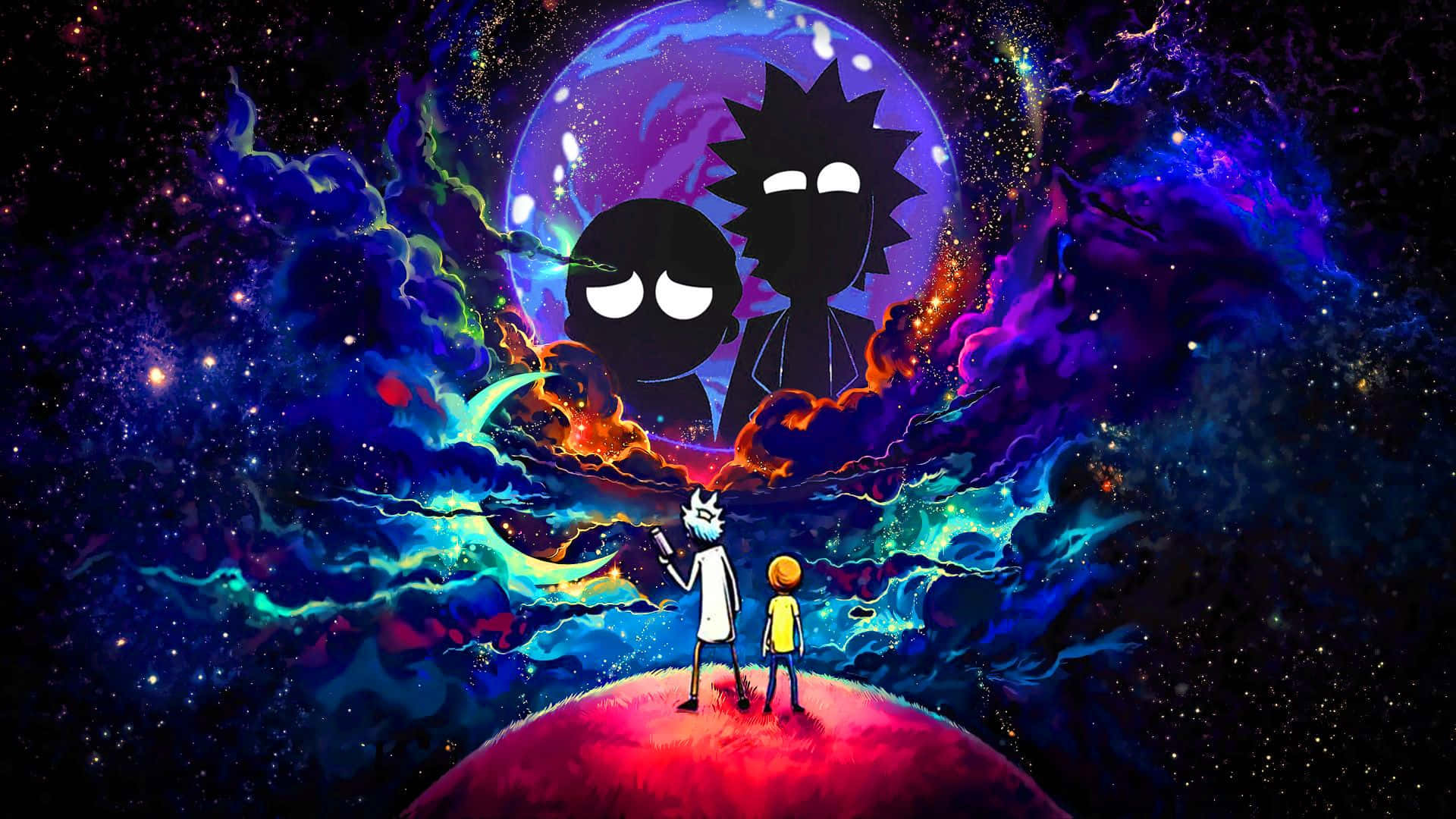 Rick And Morty 1920x1080 桌布 壁紙 — 兩個卡通人物站在紅色星球上，凝視著宇宙星雲，瑞克和莫蒂的剪影映襯著發光的紫色月亮。