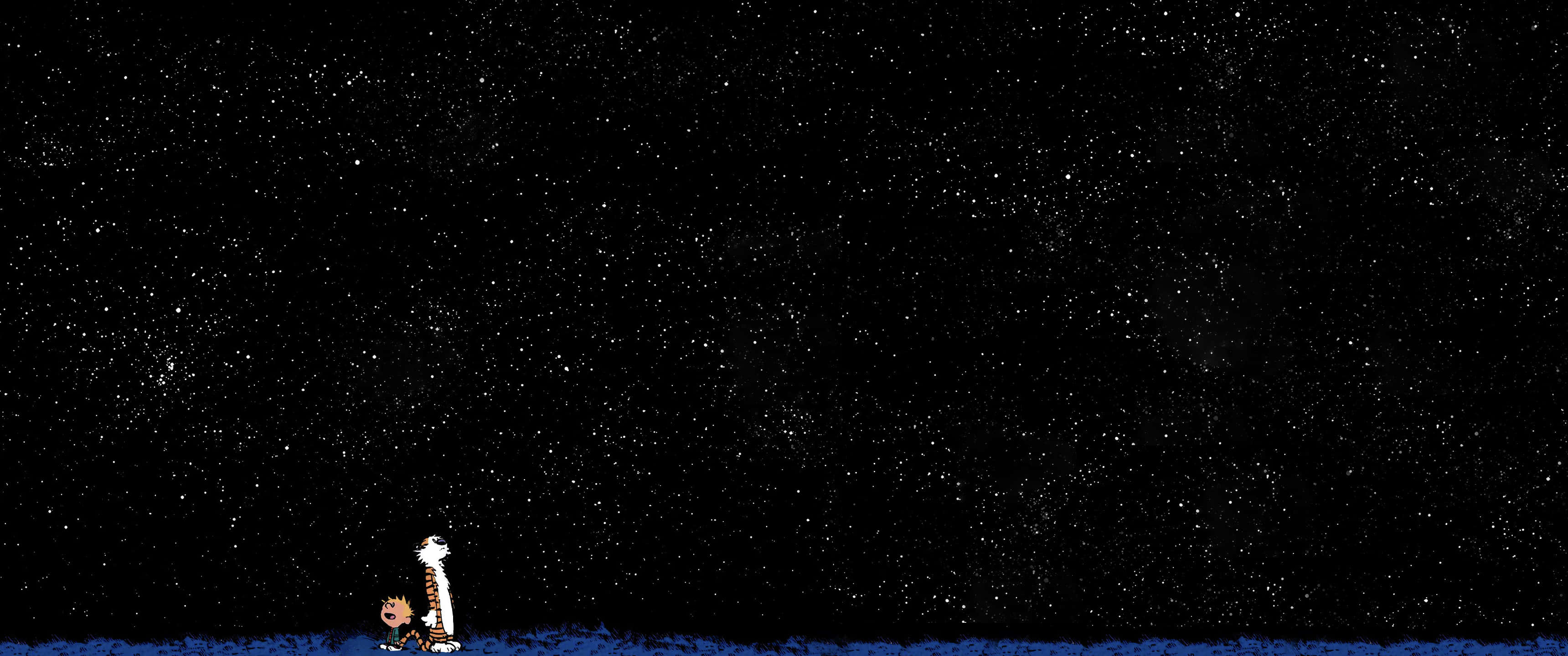 Stars 桌布 壁紙 — 兩個卡通人物細小地站在一個充滿無數閃爍星星的廣闊星空夜空下。