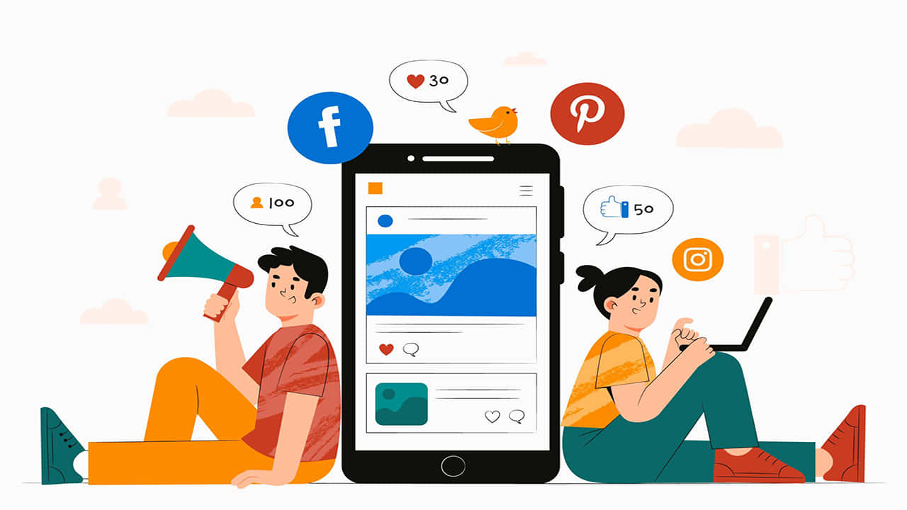 Social Media Logos 桌布 壁紙 — 兩個卡通人物與社交媒體圖示和一個顯示藍色波浪圖像的巨型手機互動。