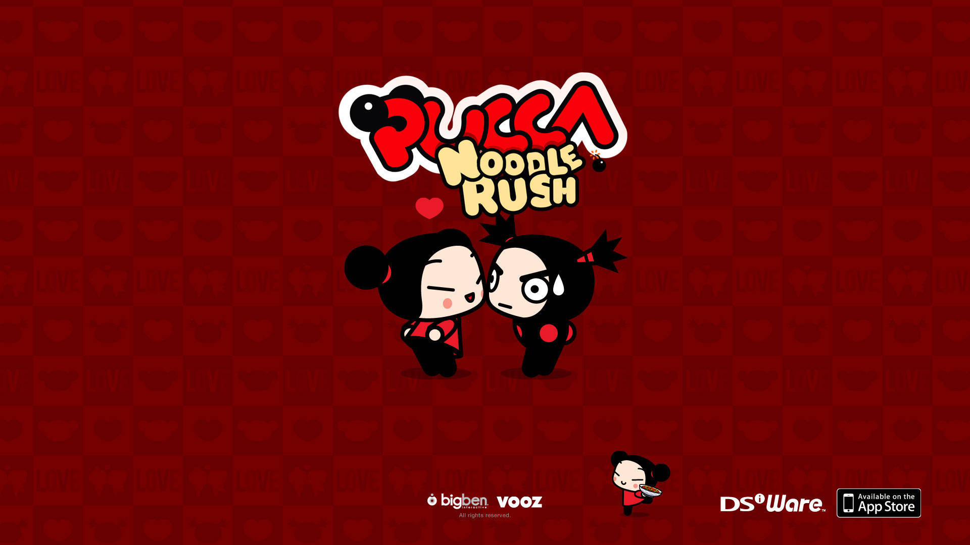 Pucca 桌布 壁紙 — 兩個卡通人物面對面，他們上方有一個心形，背景是紅色心形圖案。