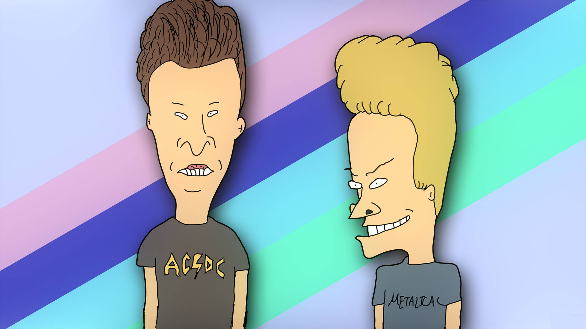 Beavis 桌布 壁紙 — 兩個卡通人物頭部誇張，穿著ACDC和Metallica T恤，站在充滿活力的對角線條紋背景前。