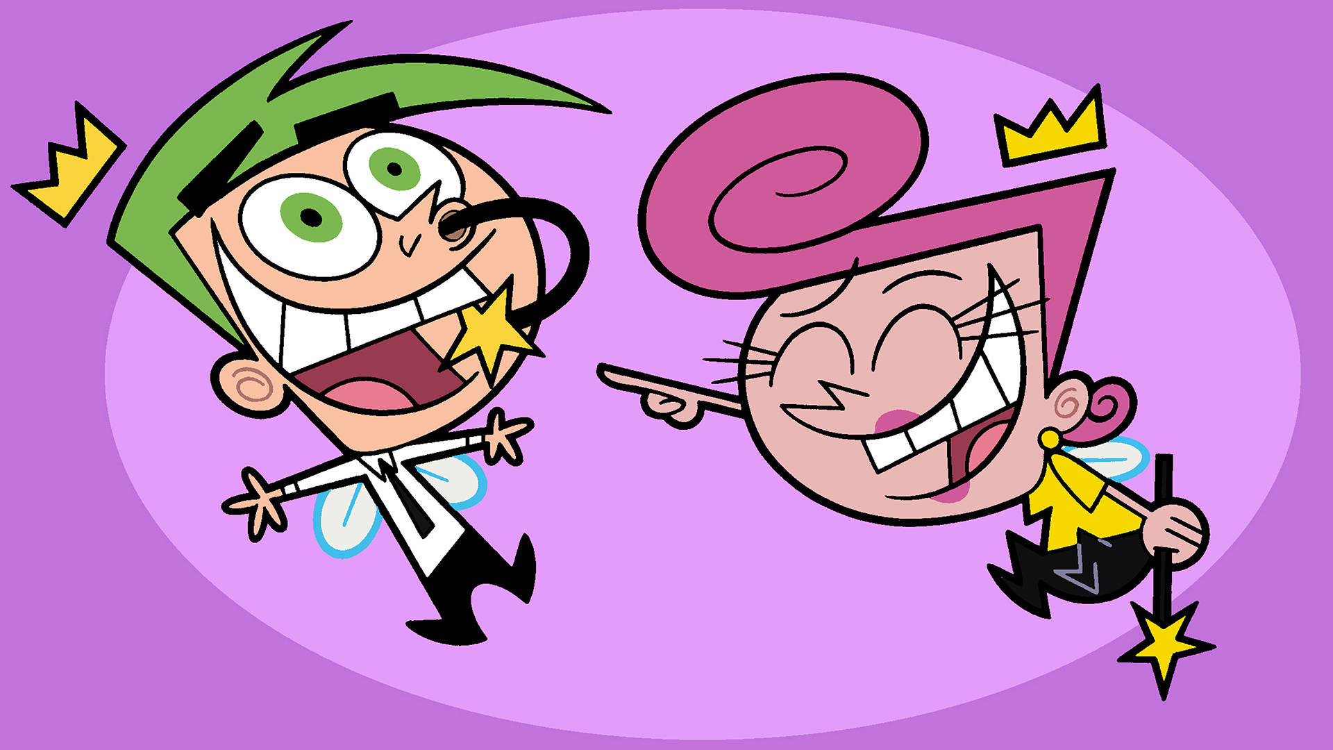 The Fairly Oddparents 桌布 壁紙 — 兩個卡通仙子，一個有綠色頭髮，一個有粉紅色頭髮，在紫色背景上開心地互相指著對方。