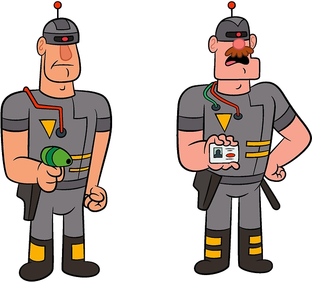 Clip Art 桌布 壁紙 — 兩個卡通保安人員，身穿灰色制服帶黃色條紋，一個手持綠色武器，另一個出示身份證。