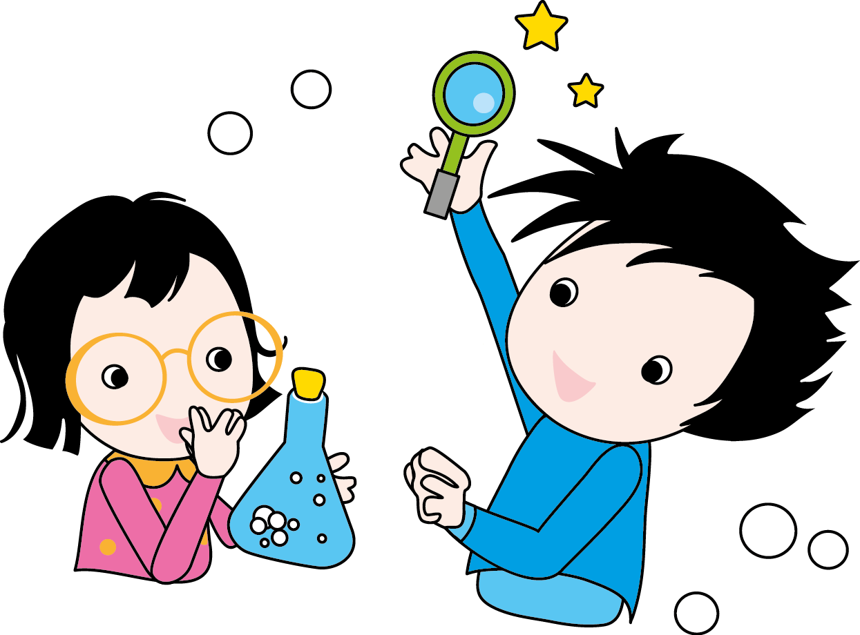 小孩動圖 桌布 壁紙 — 兩個卡通兒童用放大鏡和冒泡的燒瓶探索科學，周圍環繞著漂浮的氣泡和星星。