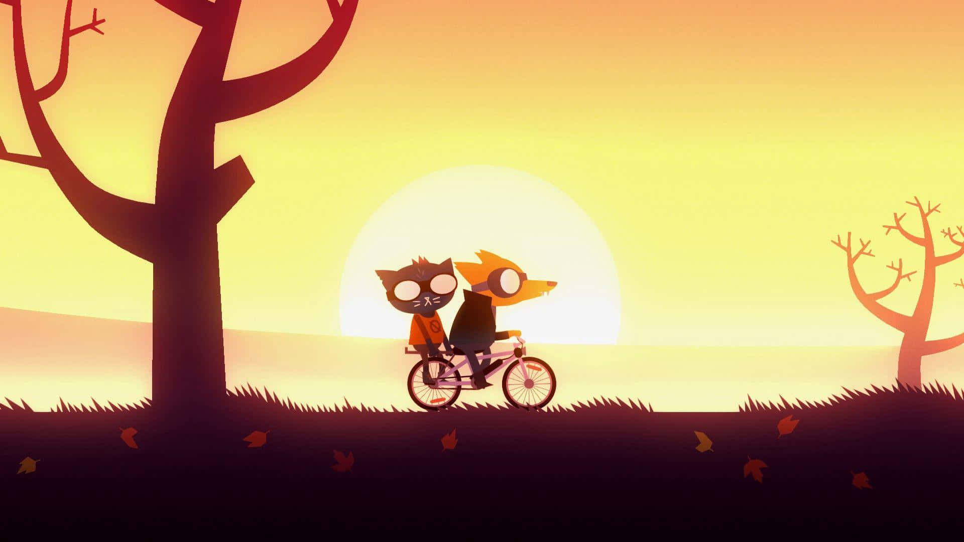 Night In The Woods 桌布 壁紙 — 兩個卡通動物朋友在日落時分一起騎腳踏車穿過一片有光禿樹木和落葉的田野。