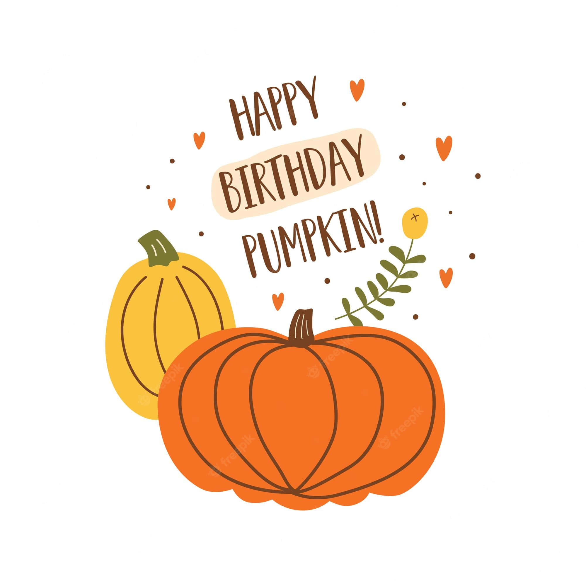 秋季 桌布 壁紙 — 兩個卡通南瓜，上面有文字 happy birthday pumpkin，周圍環繞著心形和圓點，背景為白色。