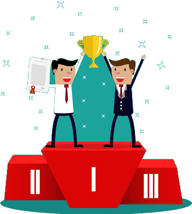動力 桌布 壁紙 — 兩個卡通商人在紅色頒獎台上慶祝勝利，手持獎盃和證書，背景是滿天星斗的藍綠色。